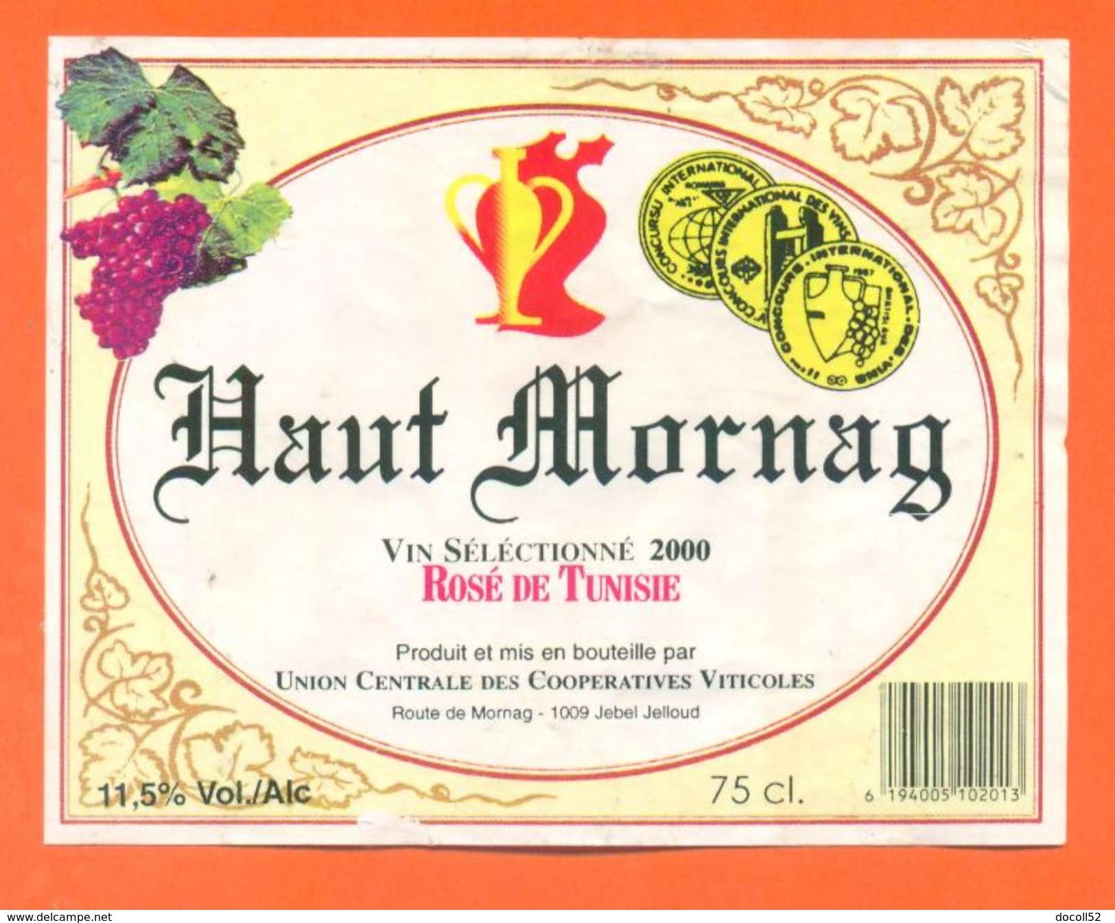 étiquette Vin Rosé De Tunisie Haut Mornag Vin Sélectionnée 2000 -11°5 - 75 Cl - Rosés