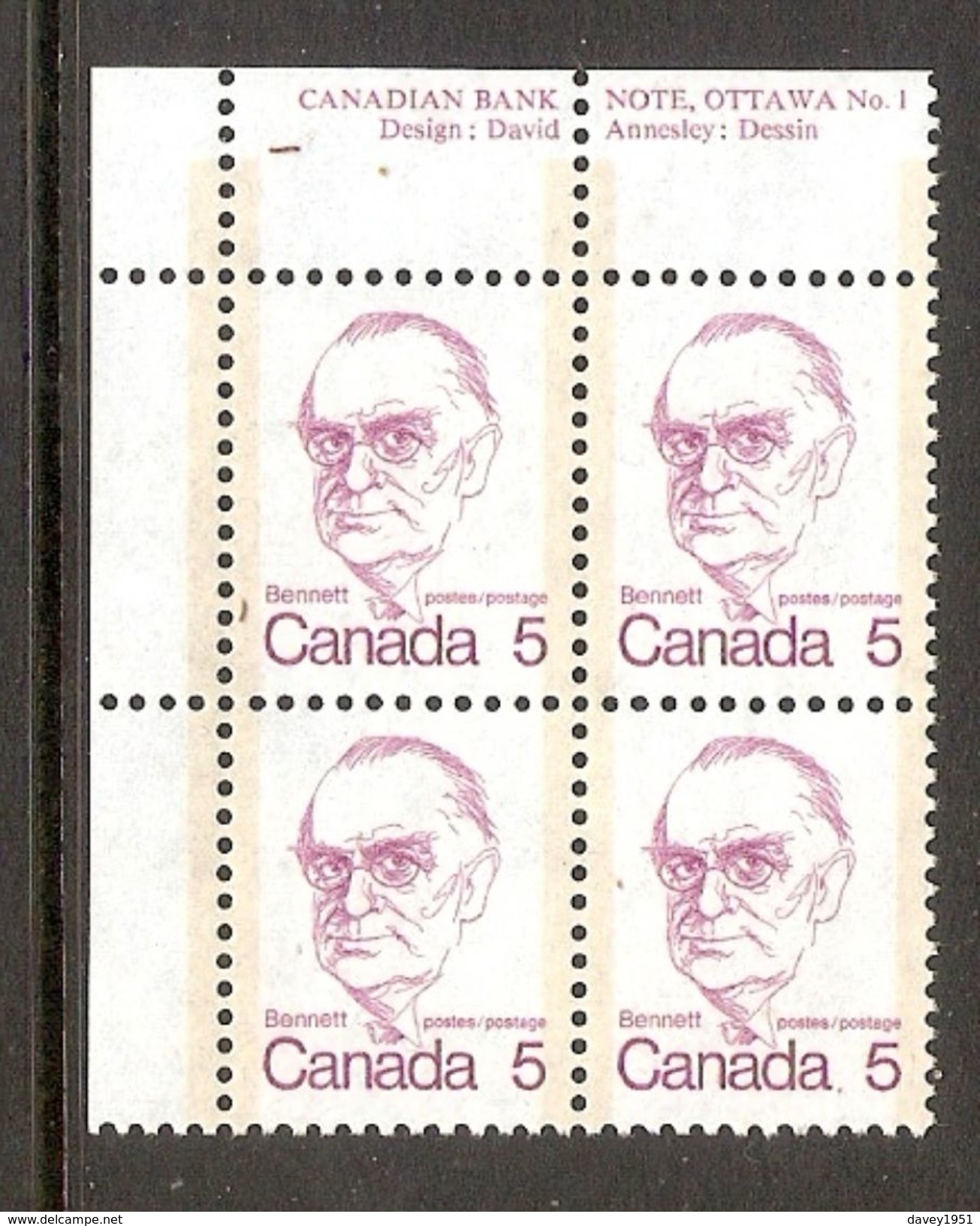 006152 Canada 1973 5c Plate Block 1 UL MNH - Plate Number & Inscriptions