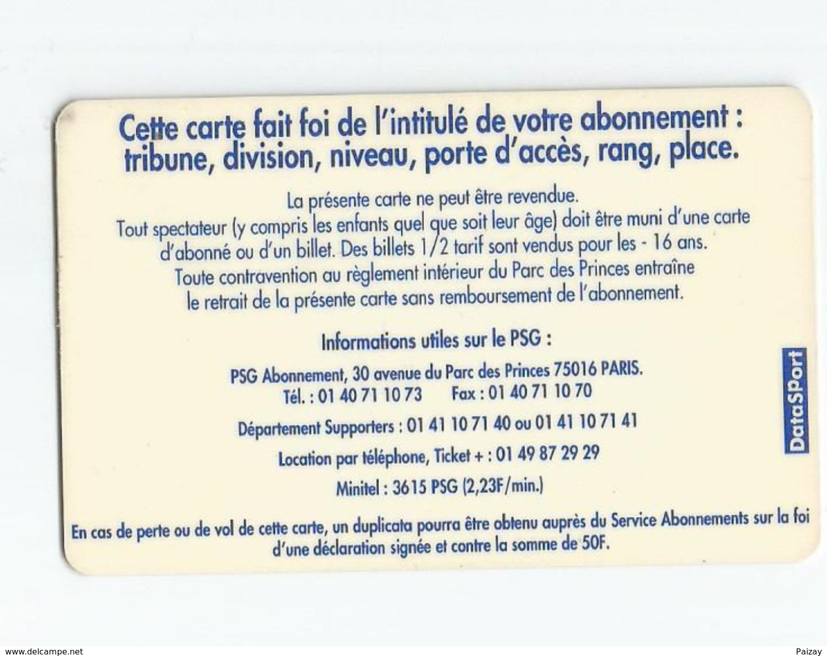 Carte Pour Une Place Du Match PSG Monaco De L'année 98 99 - Autres & Non Classés