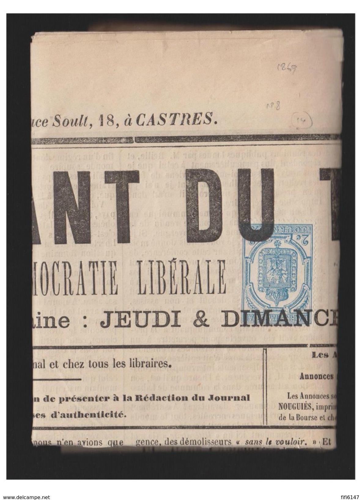 FRANCE -- 20 MAI 1869 -- TIMBRE POUR JOURNAUX - 2c BLEU, DENTELE-- OBLITERATION TYPOGRAPHIQUE -- SUR JOURNAL ENTIER -- - 1849-1876: Periodo Classico