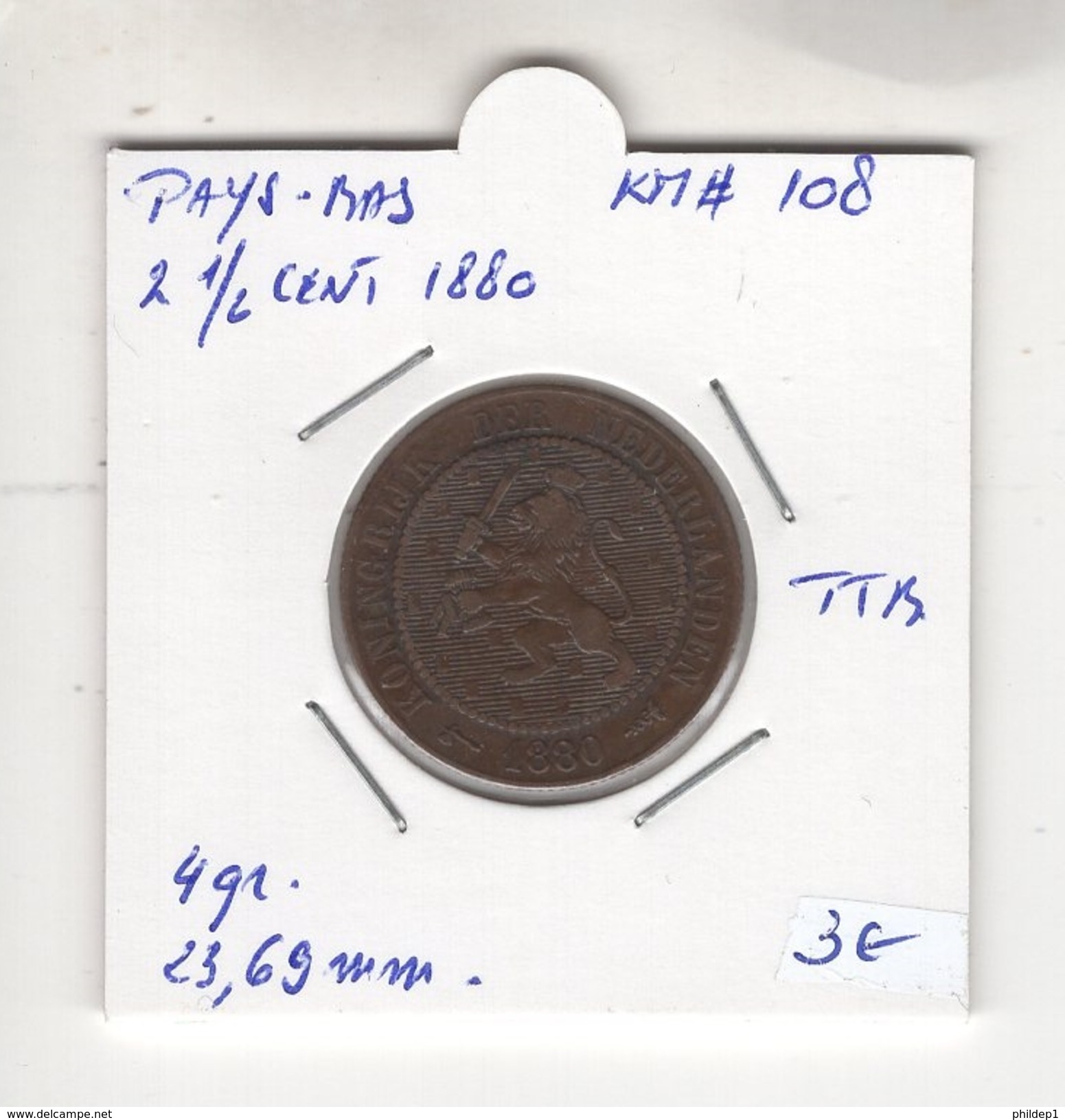 Pays Bas. 2 1/2 Cents 1880. KM # 108. TTB - 1849-1890 : Willem III