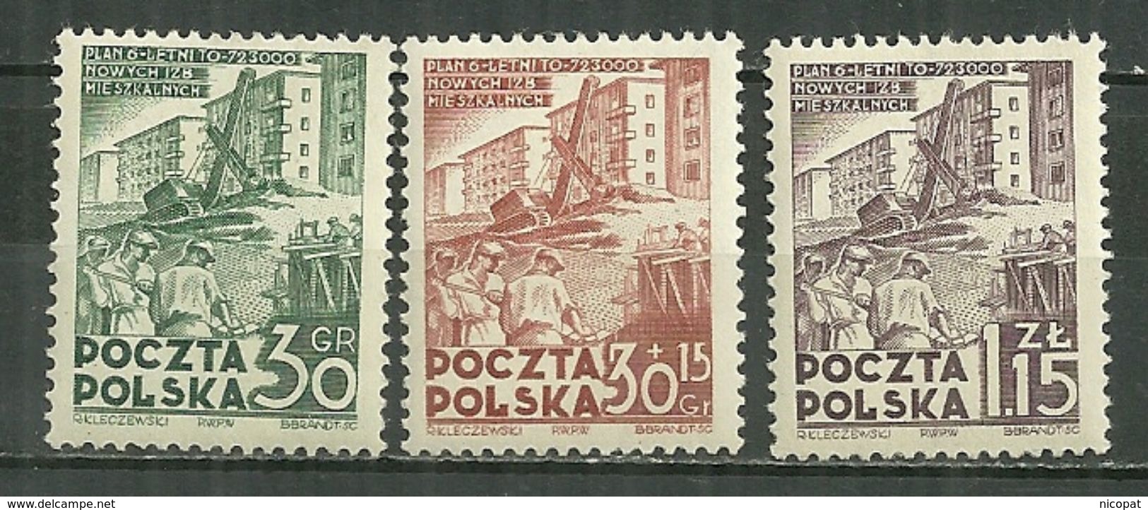 POLAND MNH ** 627-627A-628 Commémoration Du Plan Sexennal De L'habitat Construction Maison - Neufs