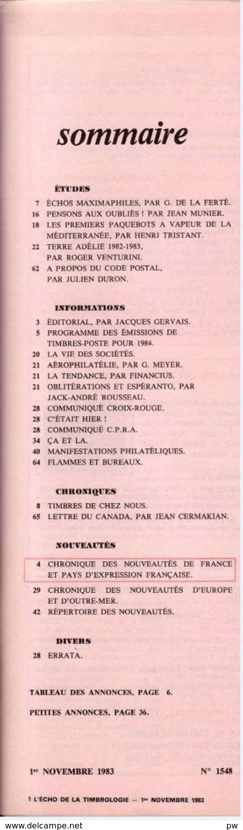 REVUE L'ECHO DE LA TIMBROLOGIE N°1548 De Novembre 1983 - Français (àpd. 1941)