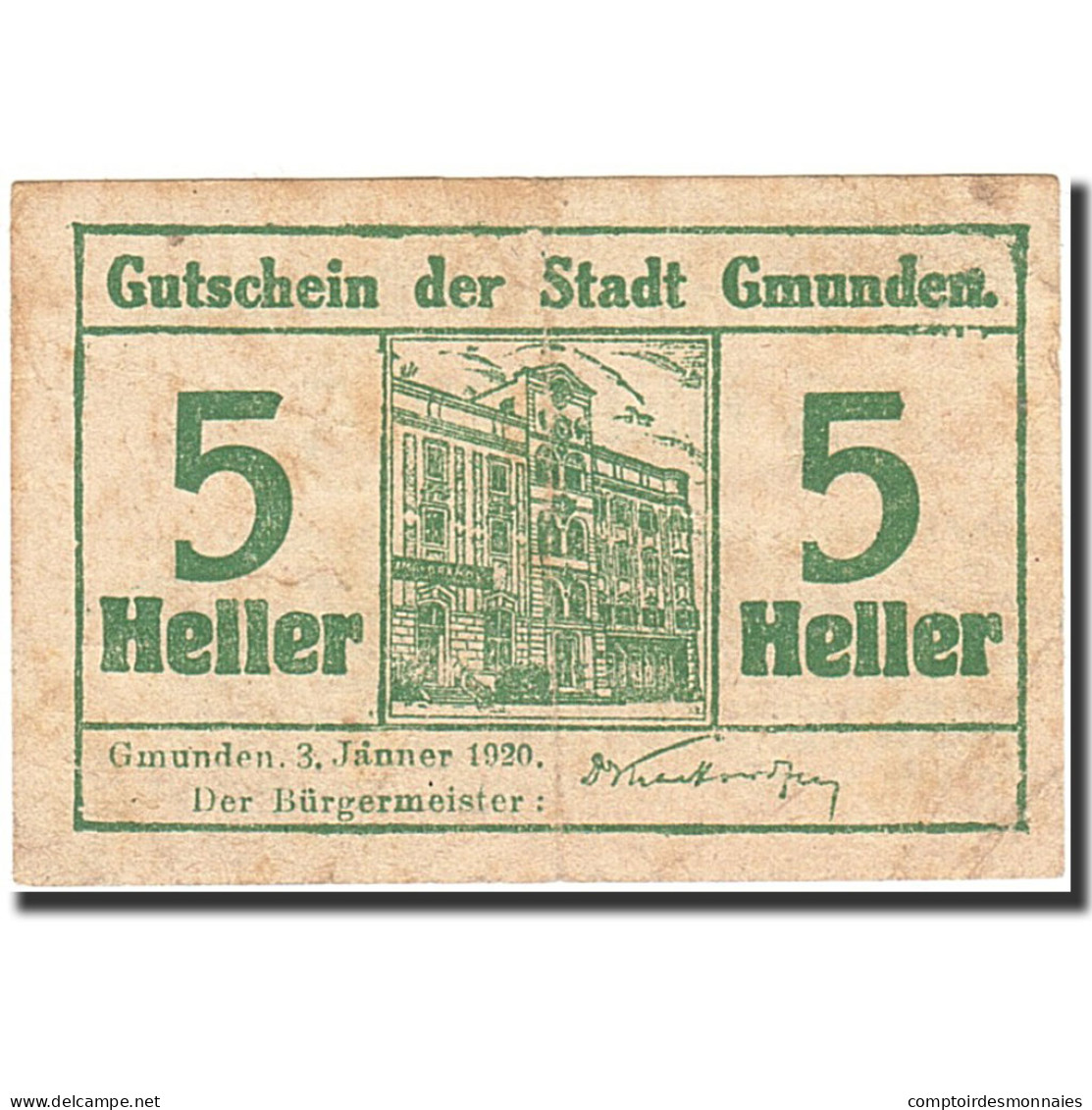 Billet, Autriche, Gmunden, 5 Heller, Batiment, 1920, 1920-01-03, B+ - Austria