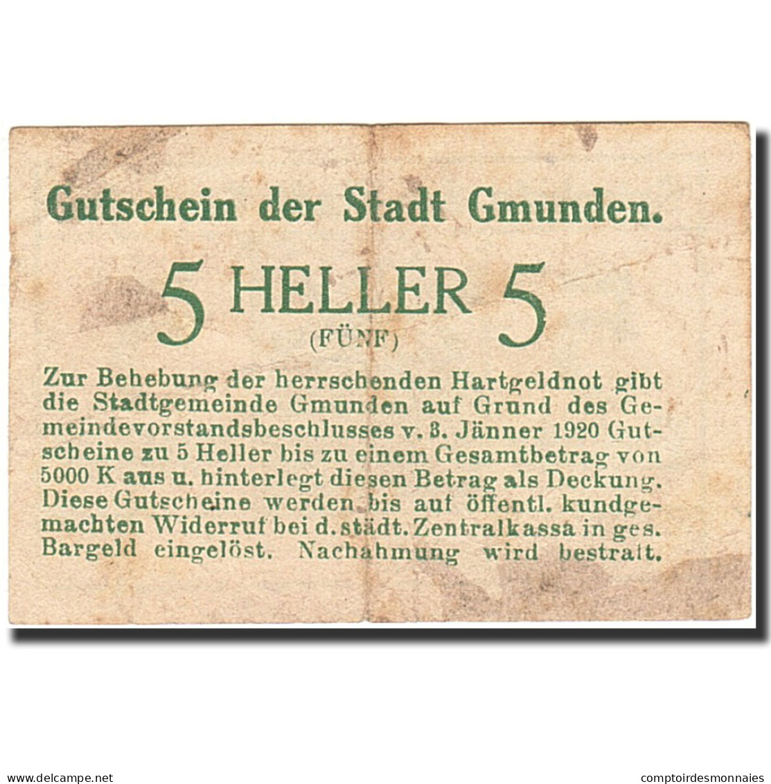 Billet, Autriche, Gmunden, 5 Heller, Batiment, 1920, 1920-01-03, B+ - Austria