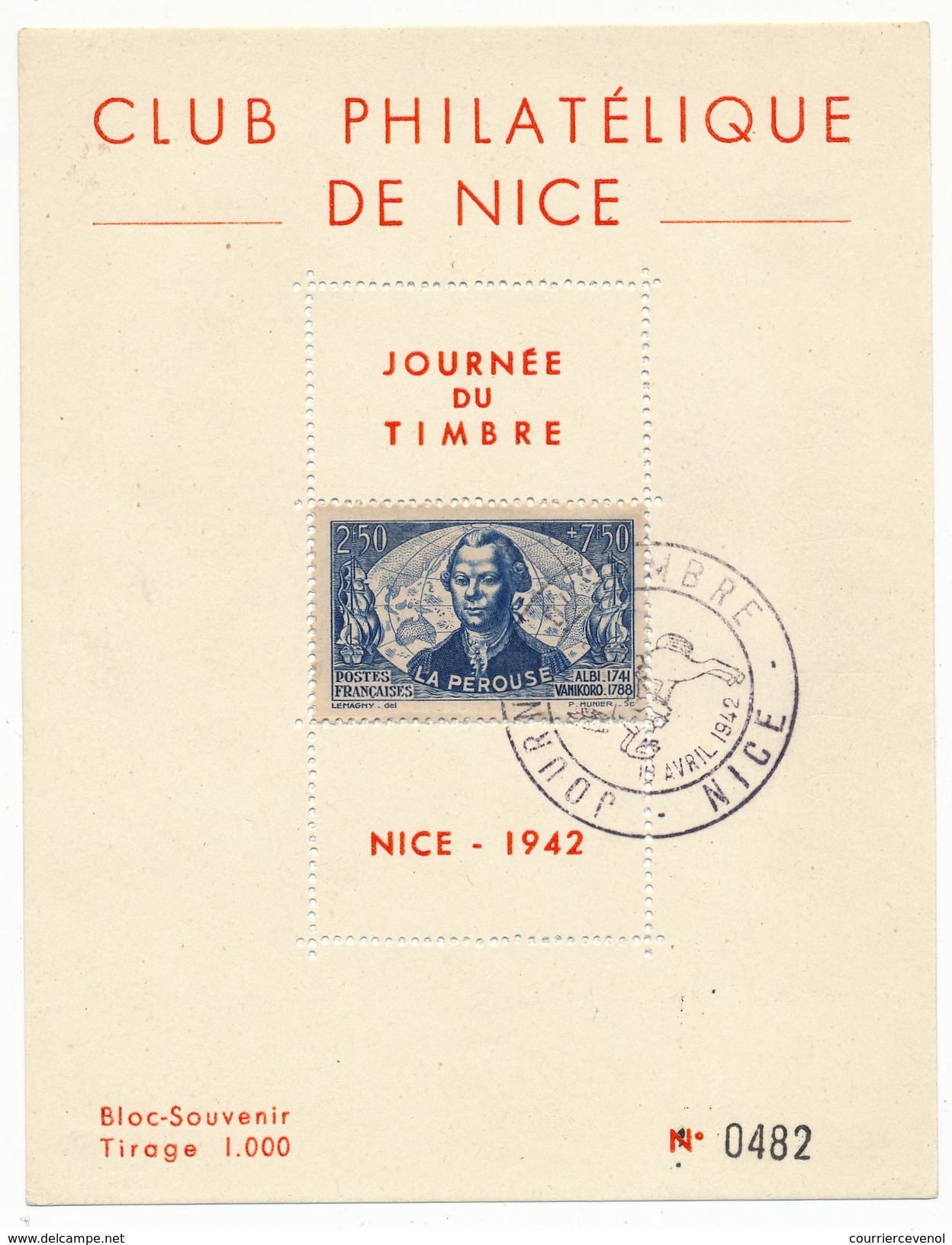 FRANCE - Feuillet Numéroté "Journée Du Timbre NICE" 1942 - Lettres & Documents