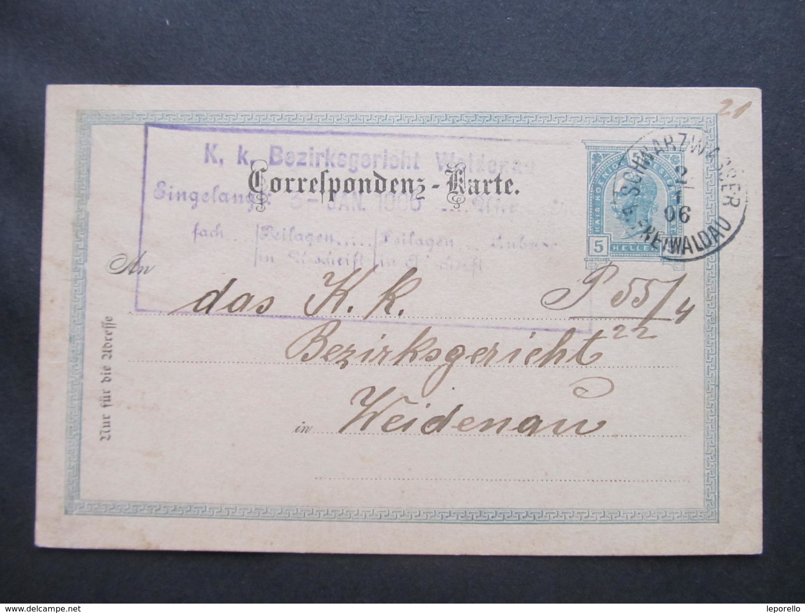 GANZSACHE Schwarzwasser B. Freiwaldau - Weidenau 1906 Korrespondenzkarte /// D*29602 - Briefe U. Dokumente