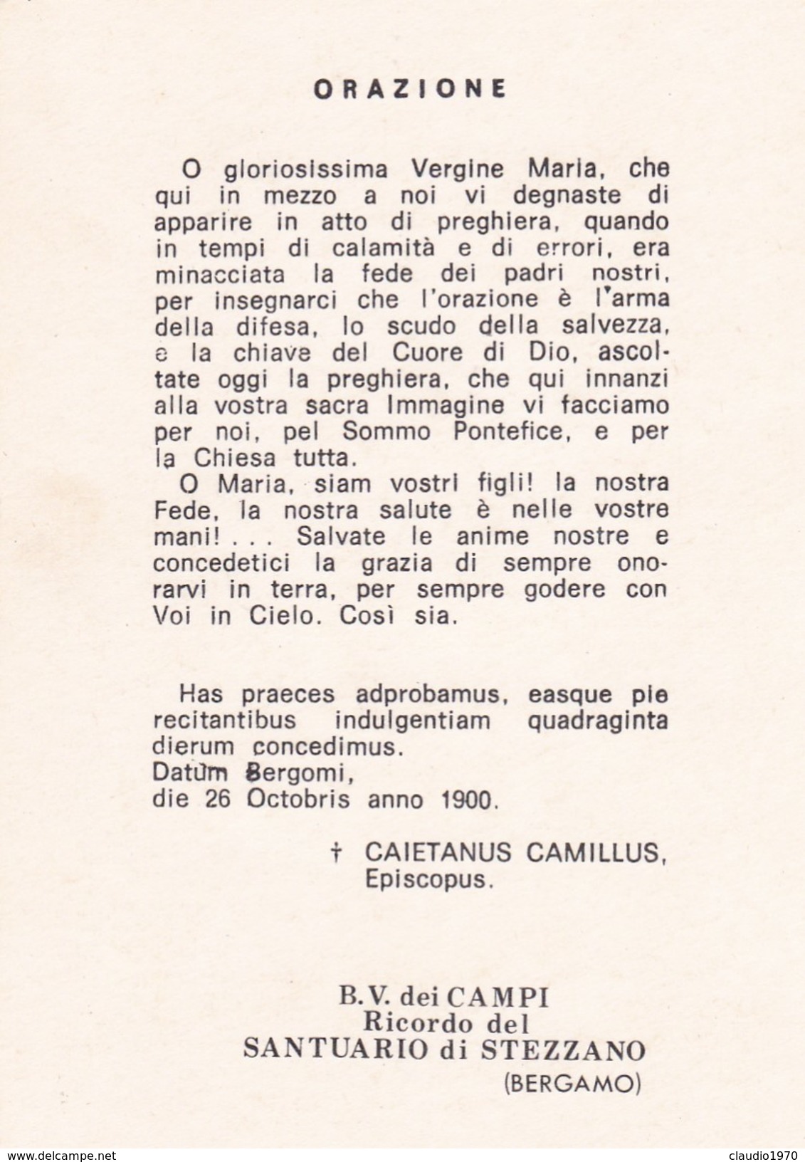 SANTINO - B.V.DEI CAMPI RICORDI DEL SANTUARIO DI STEZZANO - BERGAMO - Santini