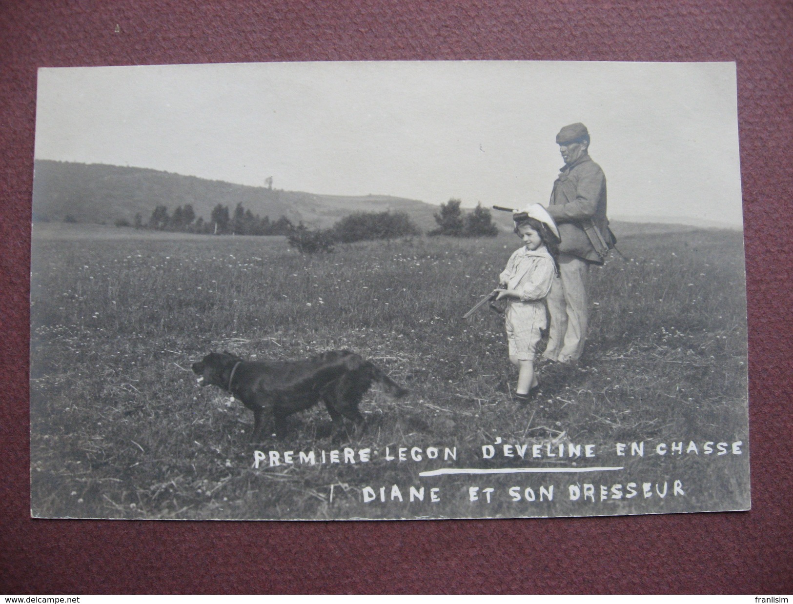 RARE CPA PHOTO Première Leçon D'Evelyne à La CHASSE Diane Et Son Dresseur N° 1 ENFANT Et FUSIL FILLETTE CHASSEUR CHIEN - Caccia