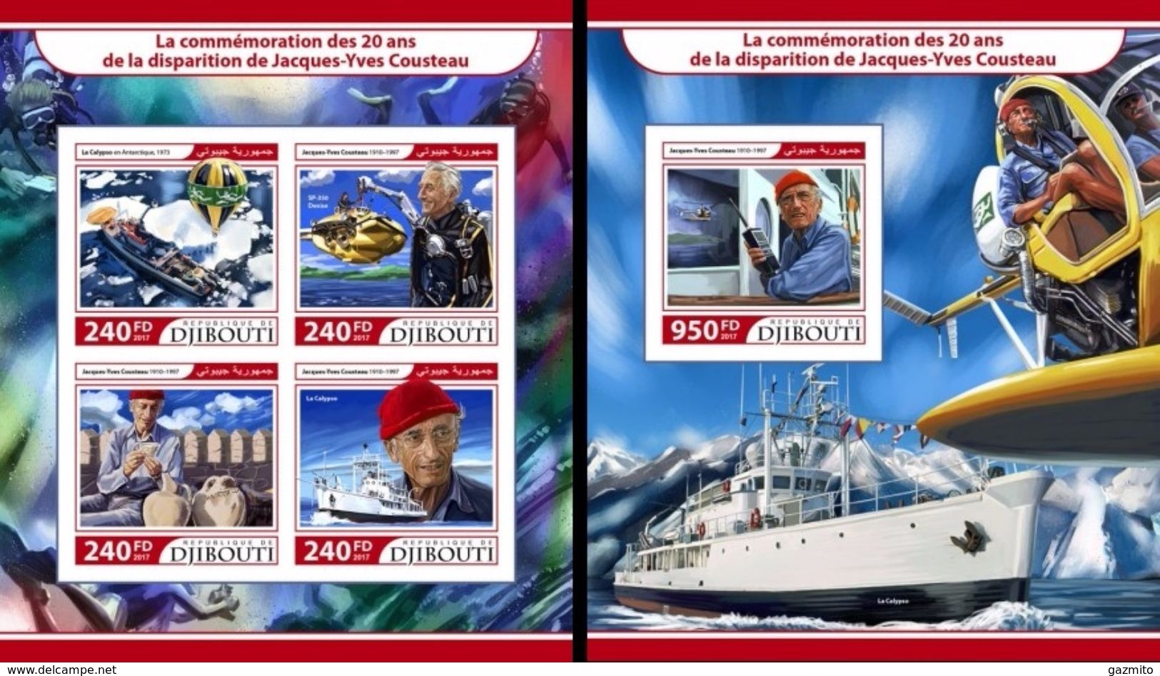 Djibouti 2017, Jacques Cousteau, Ships, 4val In BF +BF IMPERFORATED - Plongée