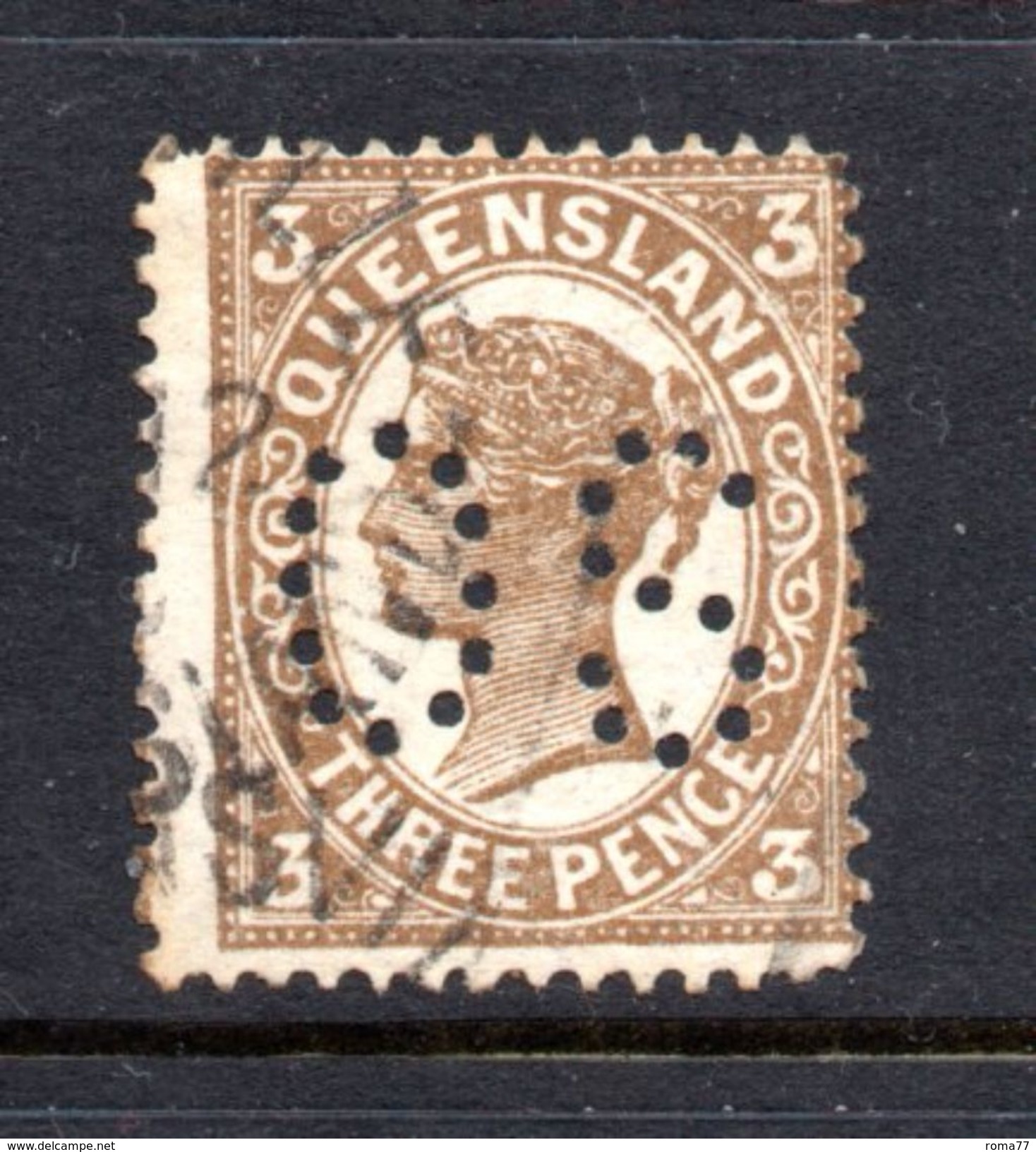 T1241 - QUEENSLAND ,  3 Pence Usato . Annullo . Servizio Punctured OS - Usati