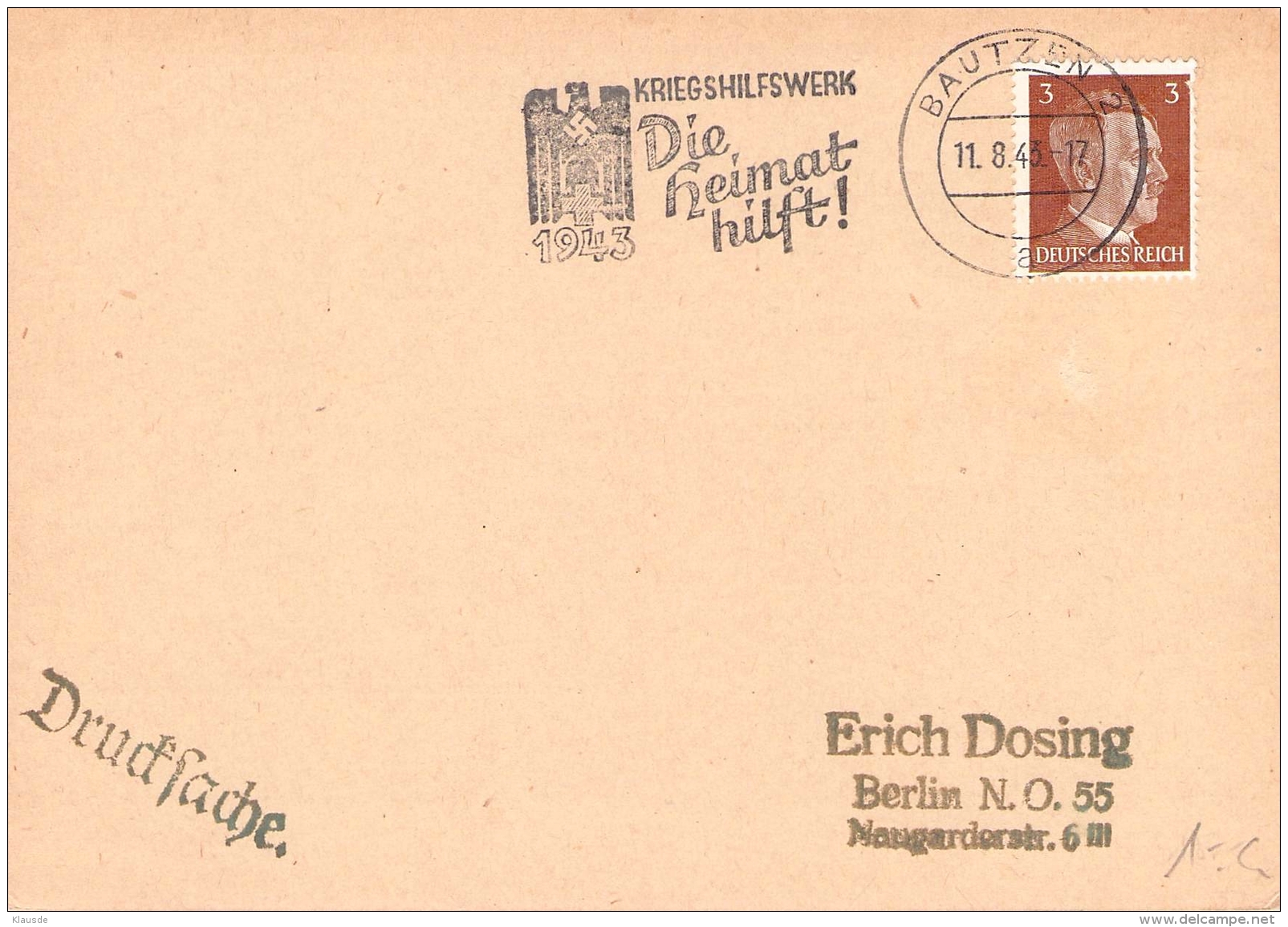 MWST Bautzen 1943 Kriegshilfswerk Die Heimat Hilft! - Maschinenstempel (EMA)