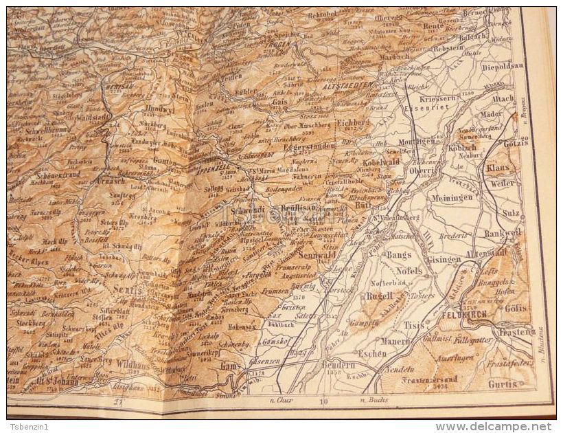 Appenzeller Land Appenzell Feldkirch Lichtensteig Nesslau Rheineck Oberglatt Henau Schweiz Suisse Map Karte 1886 - Landkarten