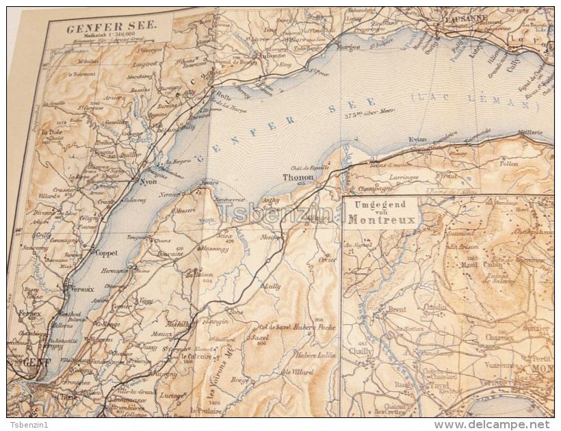 Genf Genfer See Montreux Lac Leman Lausanne Thonon Villeneuve Schweiz Suisse Map Karte 1886 - Cartes Géographiques