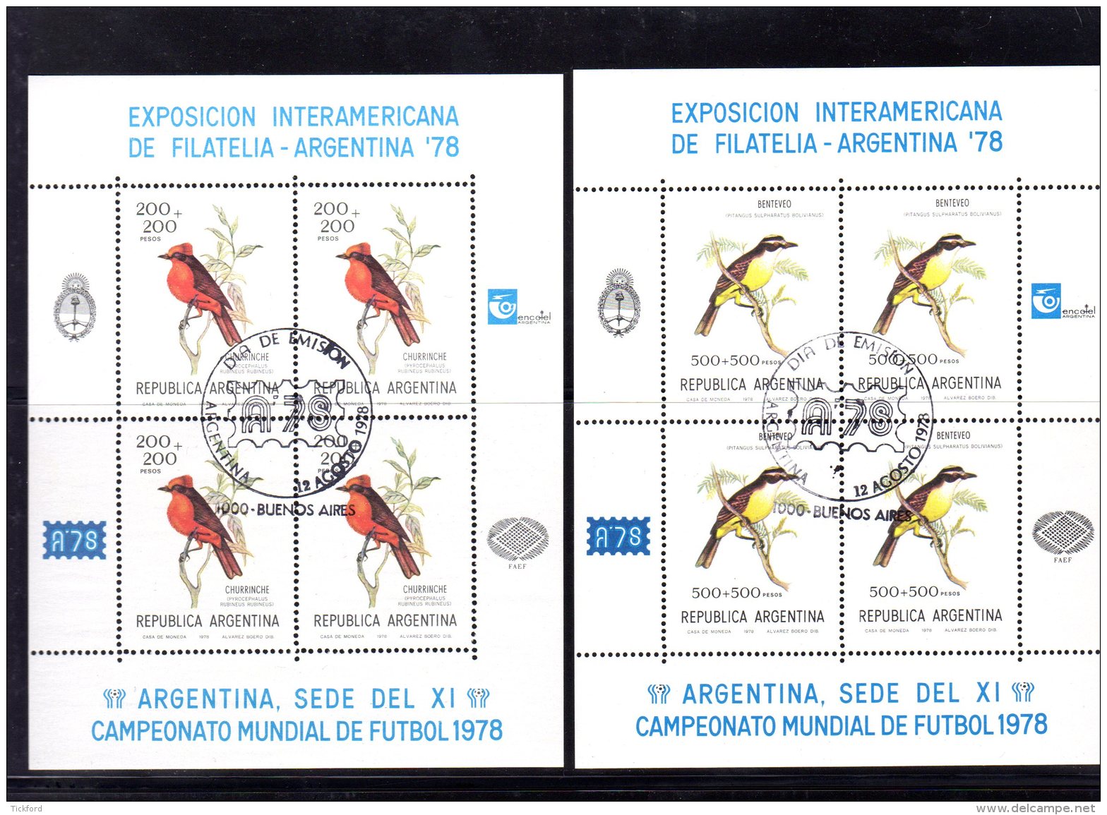 ARGENTINE - 1978 - MINI FEUILLETS  OBLITERES En Série Complète De 5 Valeurs, Oiseaux, Birds - Usados