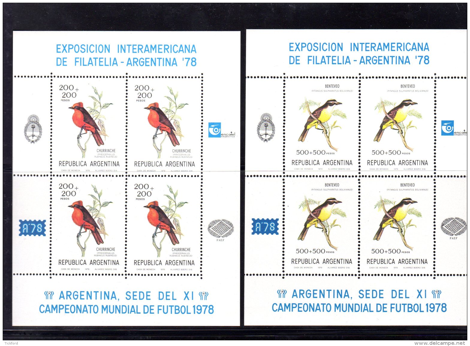 ARGENTINE - 1978 - NEUFS ** LUXE /MNH - MINI FEUILLETS  En Série Complète De 5 Valeurs, Oiseaux, Birds - Neufs