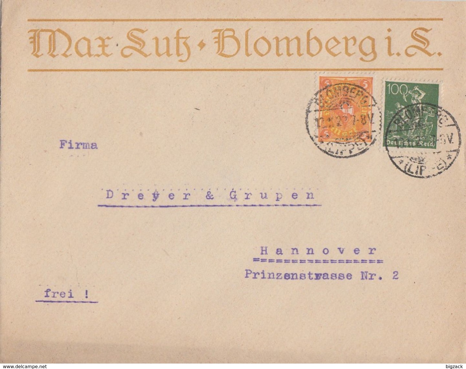 DR Werbeumschlag Max Lutz Blomberg Mif Minr.187,205 Blomberg 13.11.22 - Briefe U. Dokumente