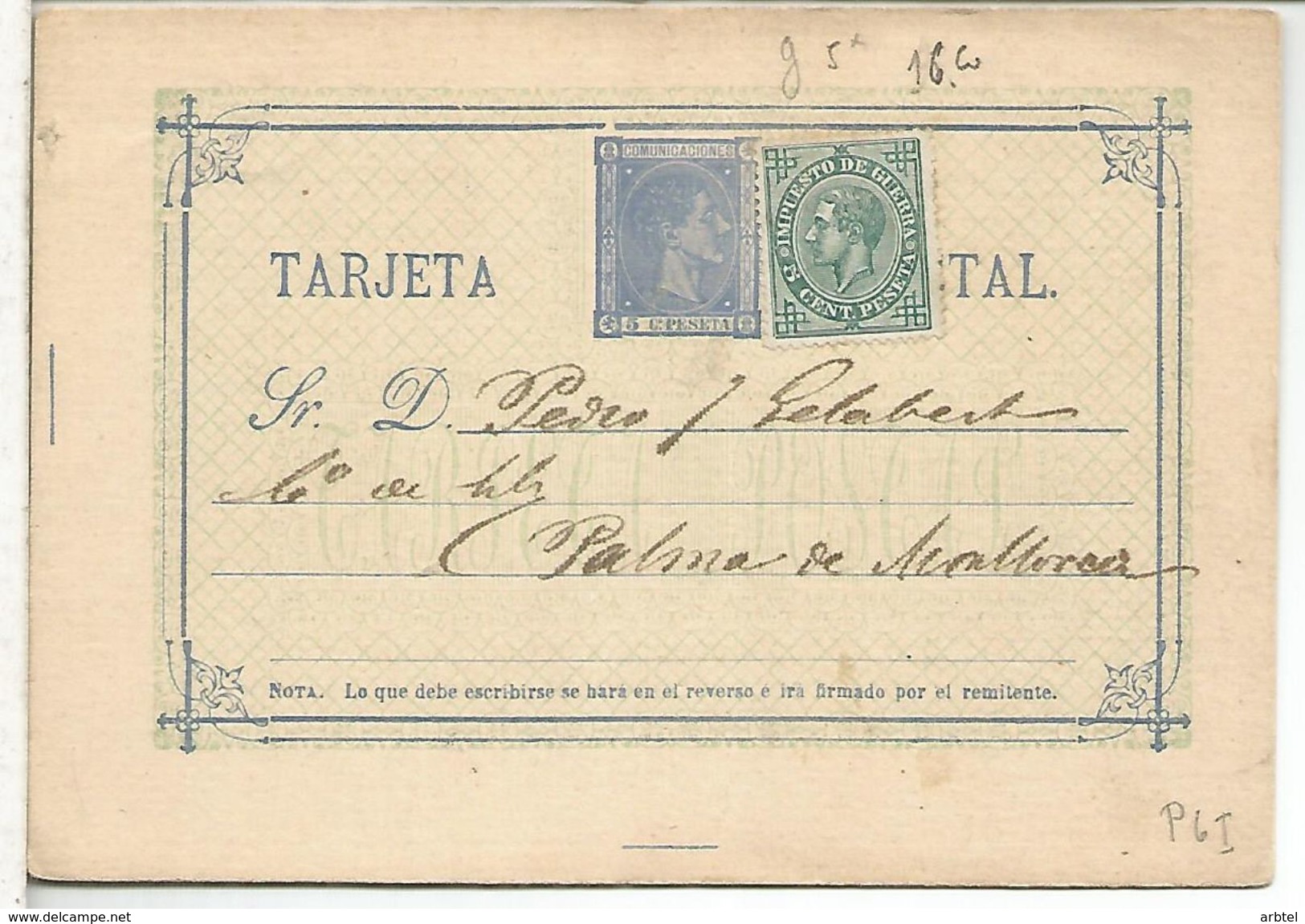 ENTERO POSTAL ALFONSO XII A PALMA MALLORCA FECHADO BARCELONA 1877 IMPUESTO DE GUERRA - 1850-1931