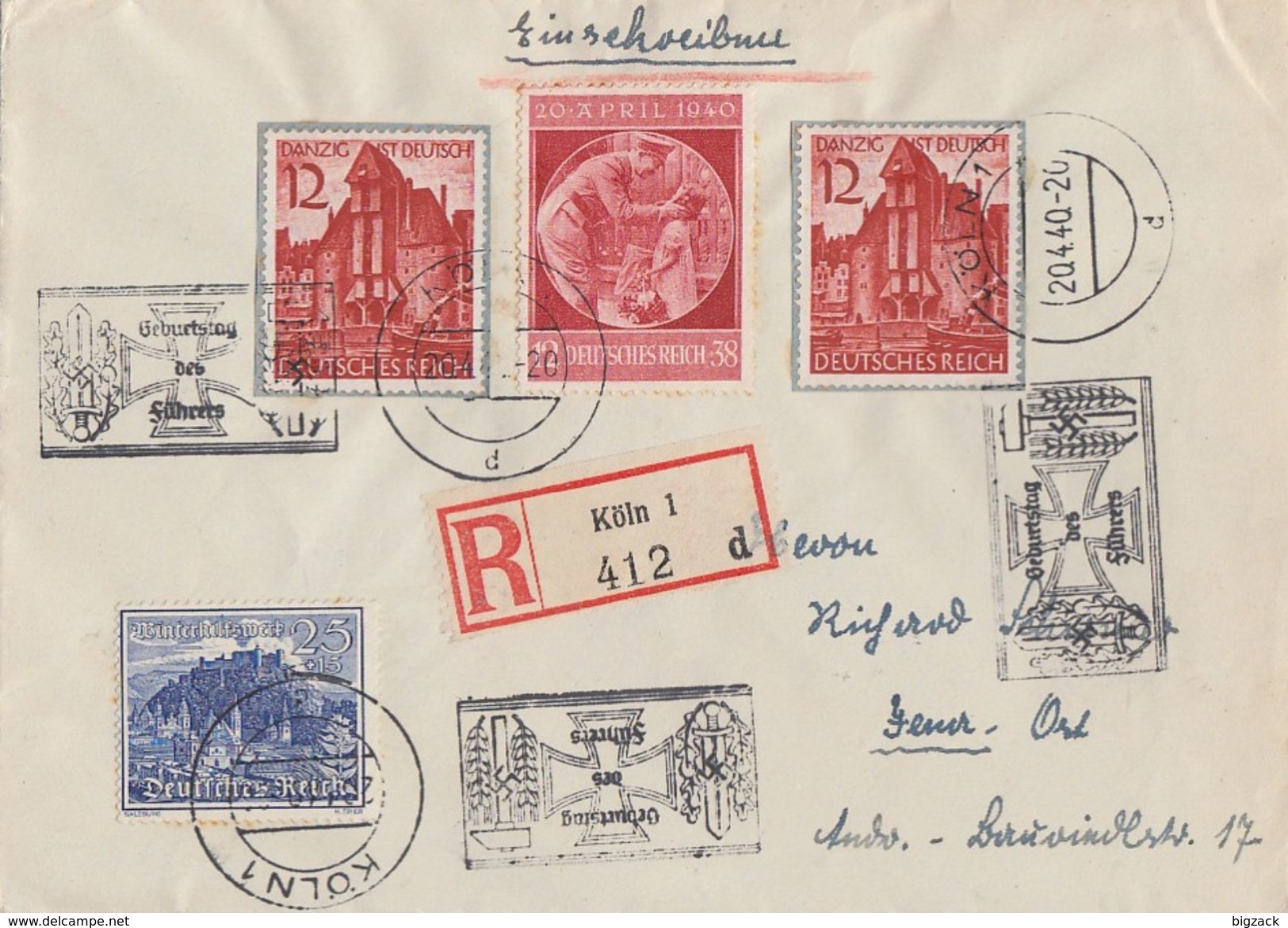 DR R-Brief Mif Minr.2x 715,737,744 Köln 20.4.40 - Briefe U. Dokumente