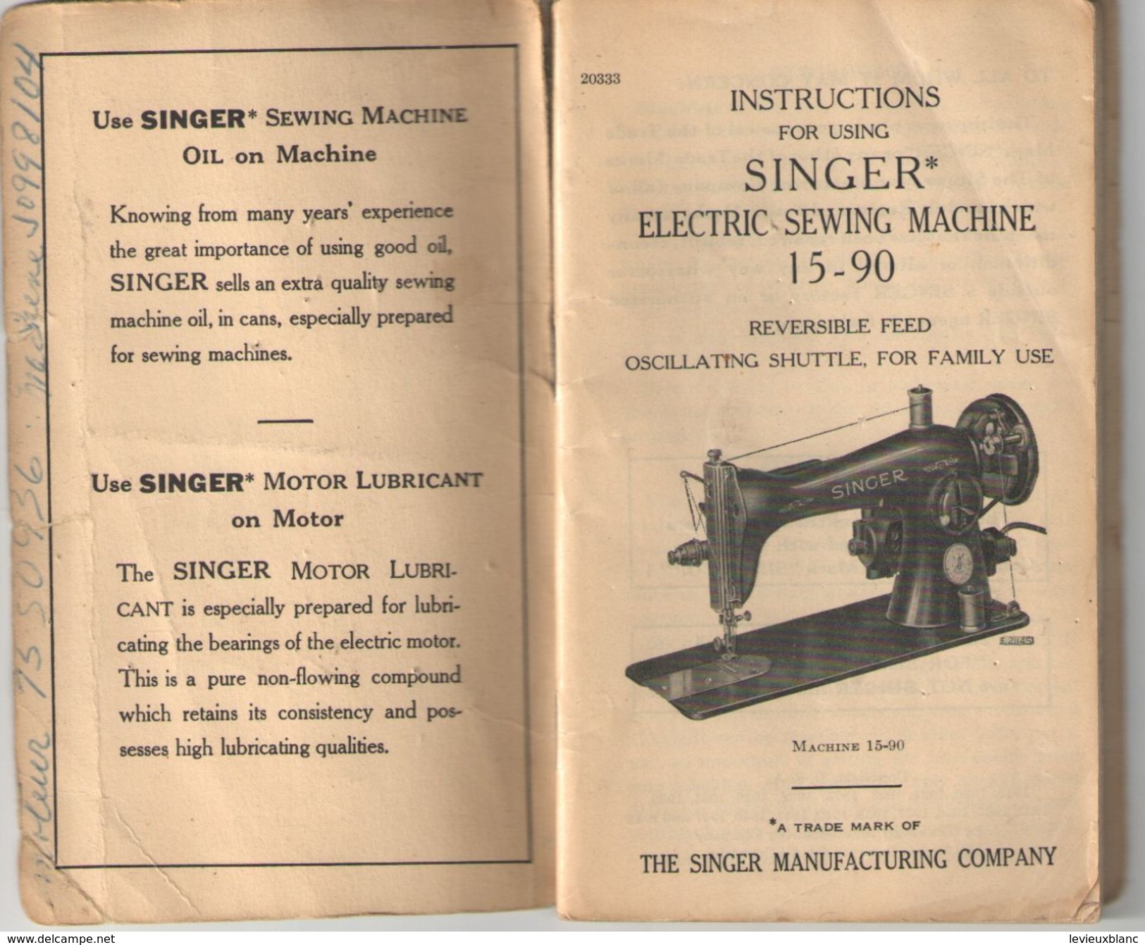 Manuel Pratique/Instructions For Using SINGER Electric Sewing Machine 15-90/Singer Manufacturing Company/USA/1948  MER60 - Andere & Zonder Classificatie