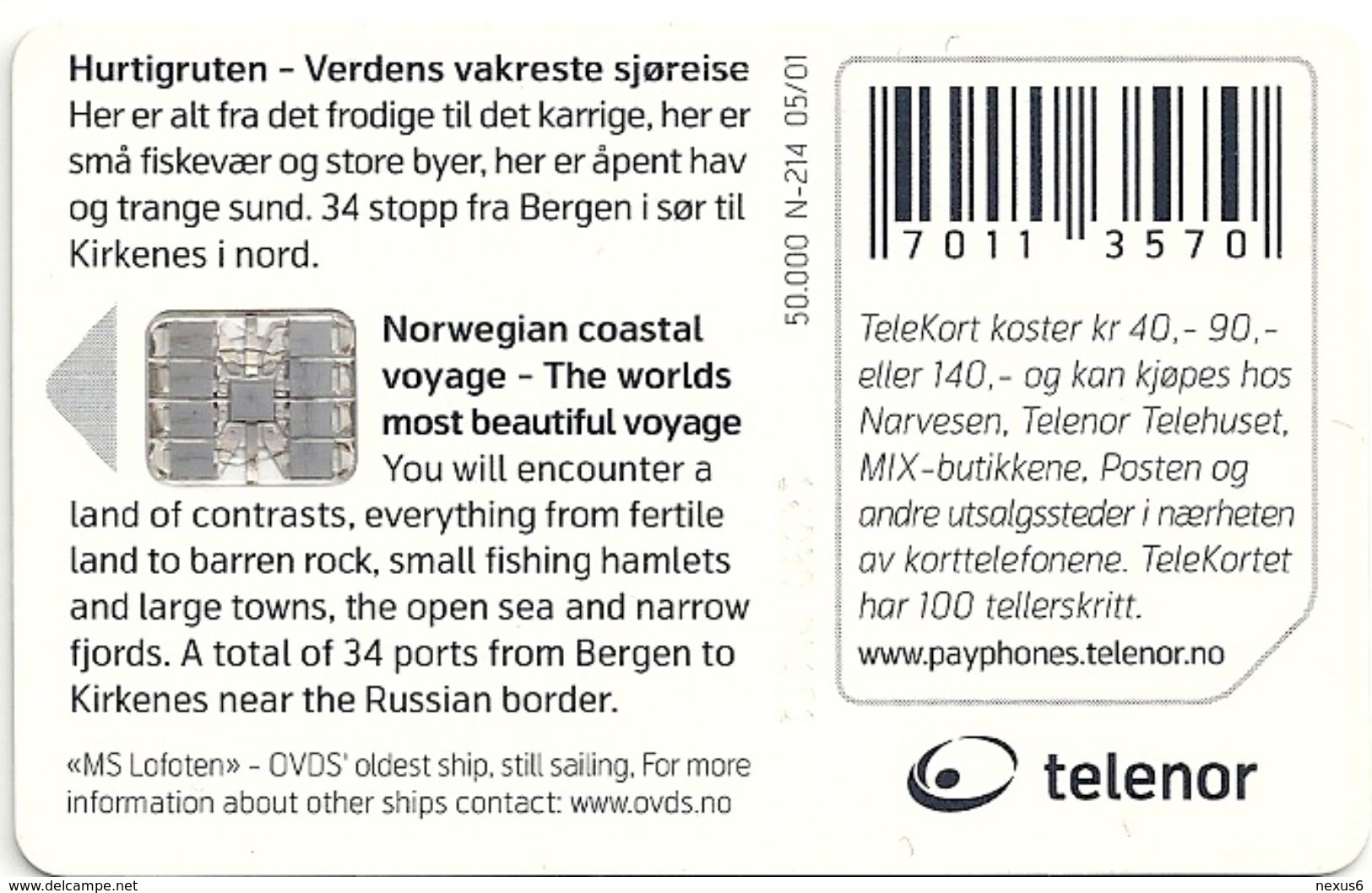 Norway - Telenor - Hurtigruta Ship - N-214 Sn.1613000C1 - 2001, 19.996ex, Used - Norvège