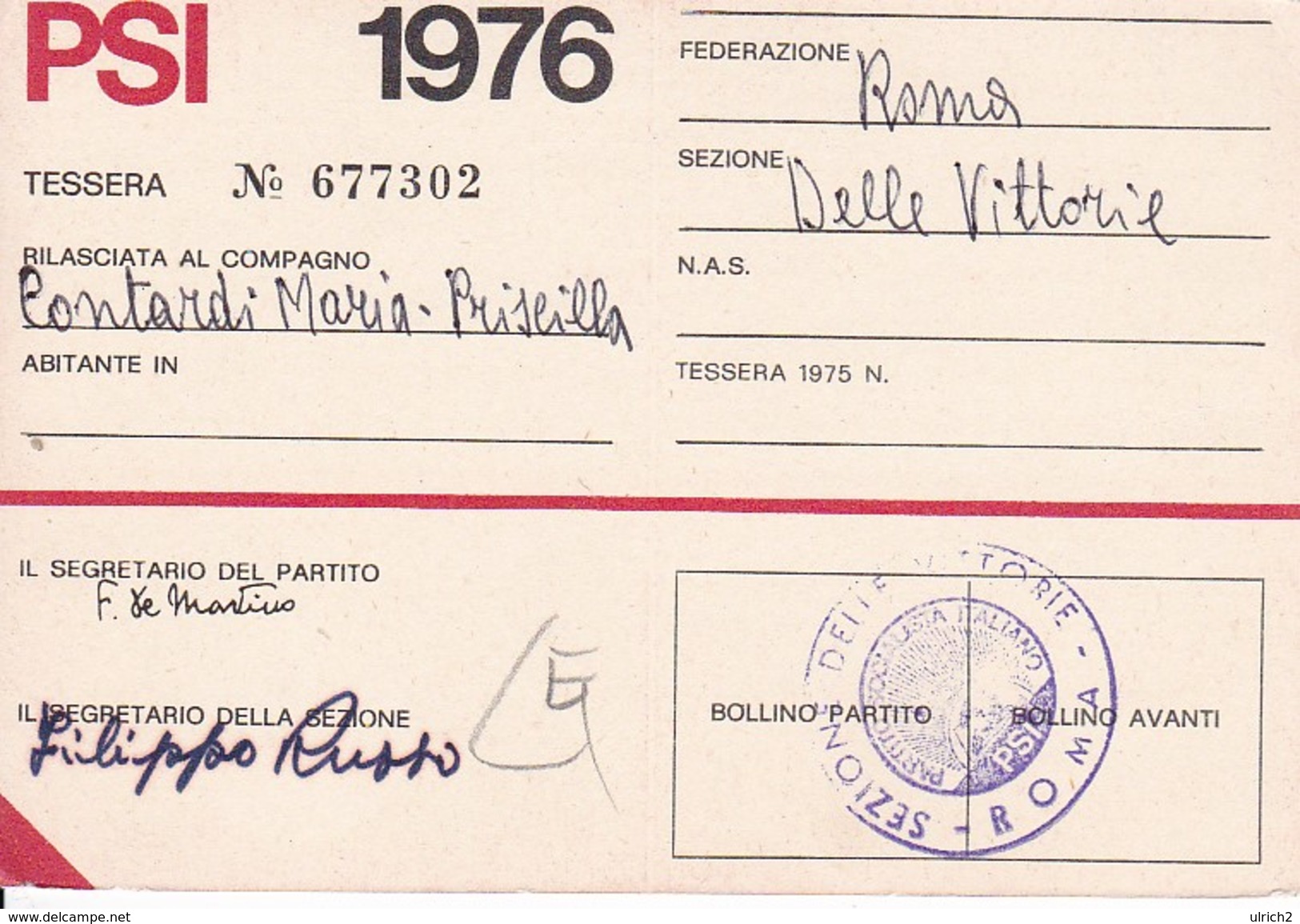 Partito Socialista Italiano PSI - Membership Card - Roma - 1976 (32498) - Historische Dokumente