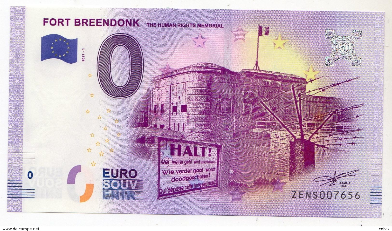 2017-1 BILLET TOURISTIQUE BELGIQUE 0 EURO N°ZENS007656 FORT BREENDONK - Private Proofs / Unofficial