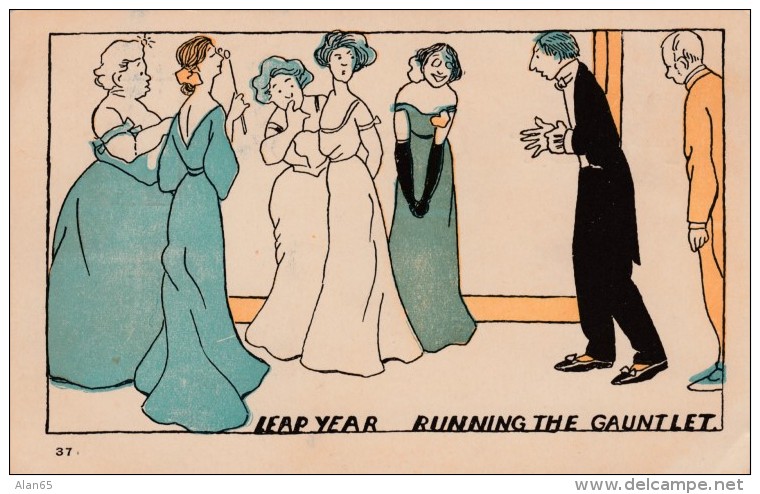 Leap Year Holiday, 'Running The Gauntlet' Man Walks Past Single Women, Marriage Humor Romance, C1900s Vintage Postcard - Other & Unclassified