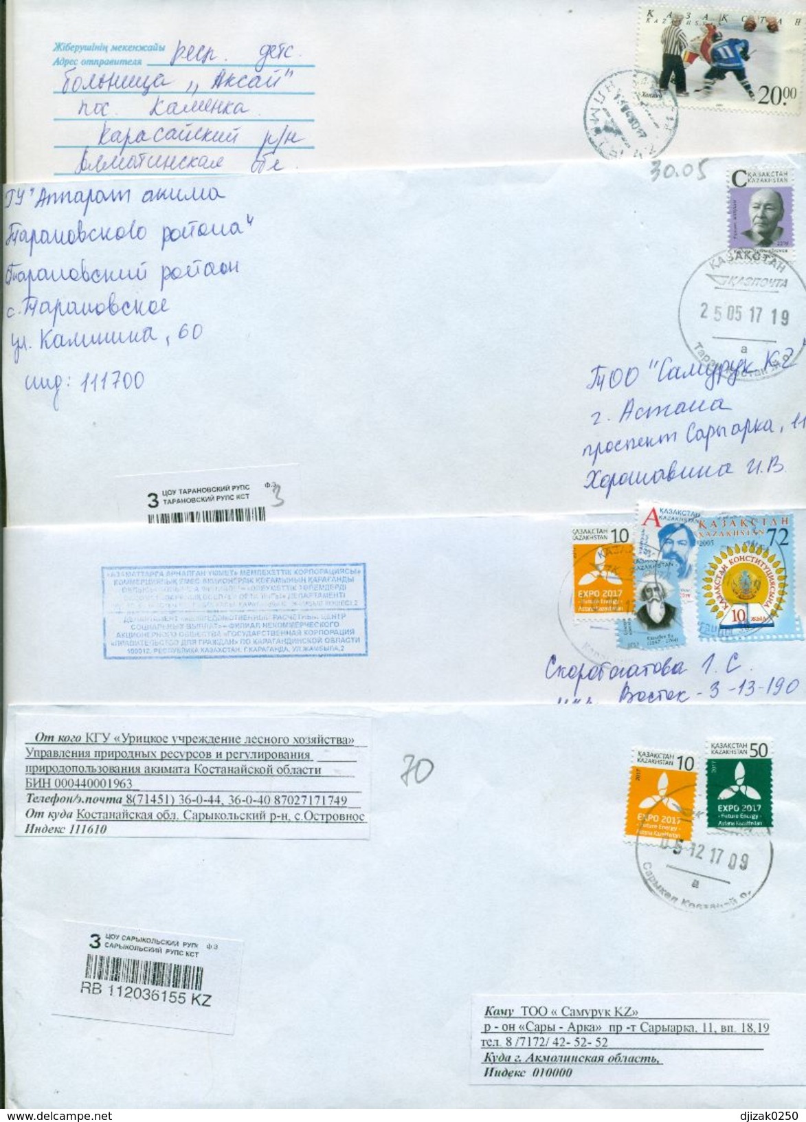 Kazakhstan.Four Envelopes Past The Mail. Tree Envelopes Registered. - Kazakhstan