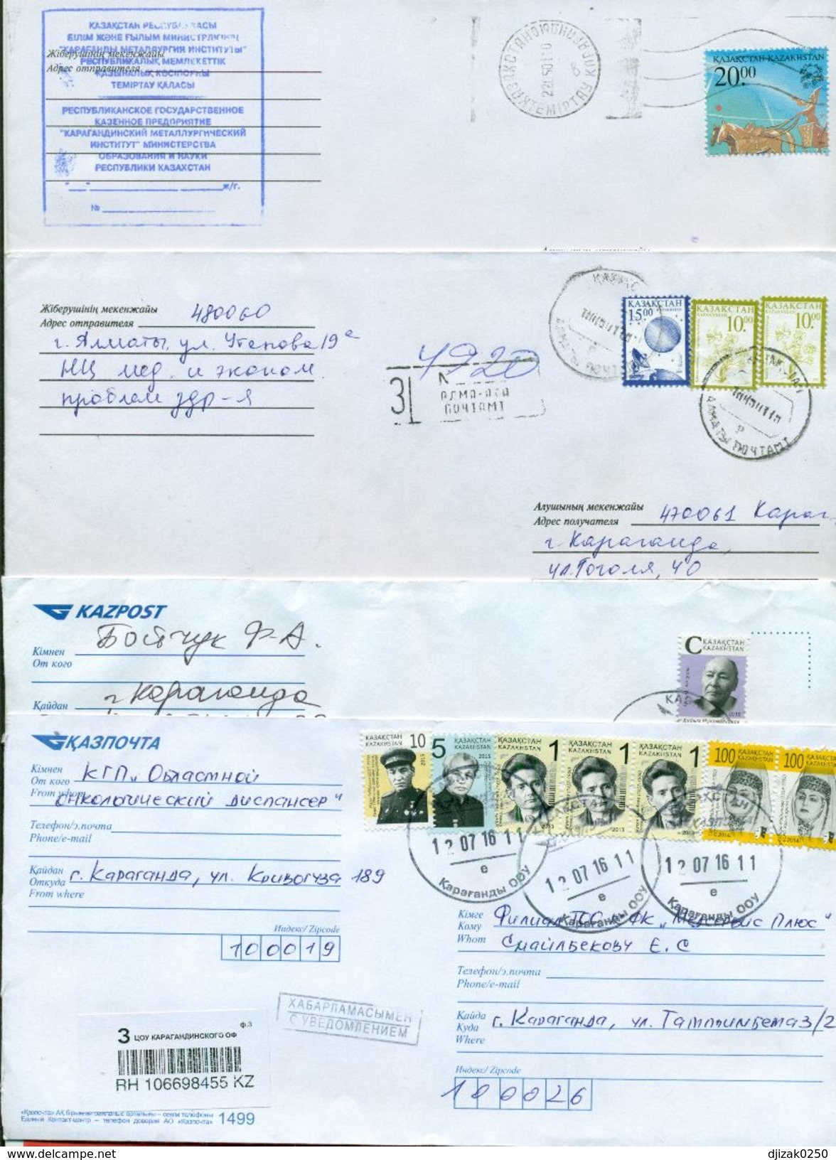 Kazakhstan.Four Envelopes Past The Mail. Two Envelopes Registered. - Kazakhstan