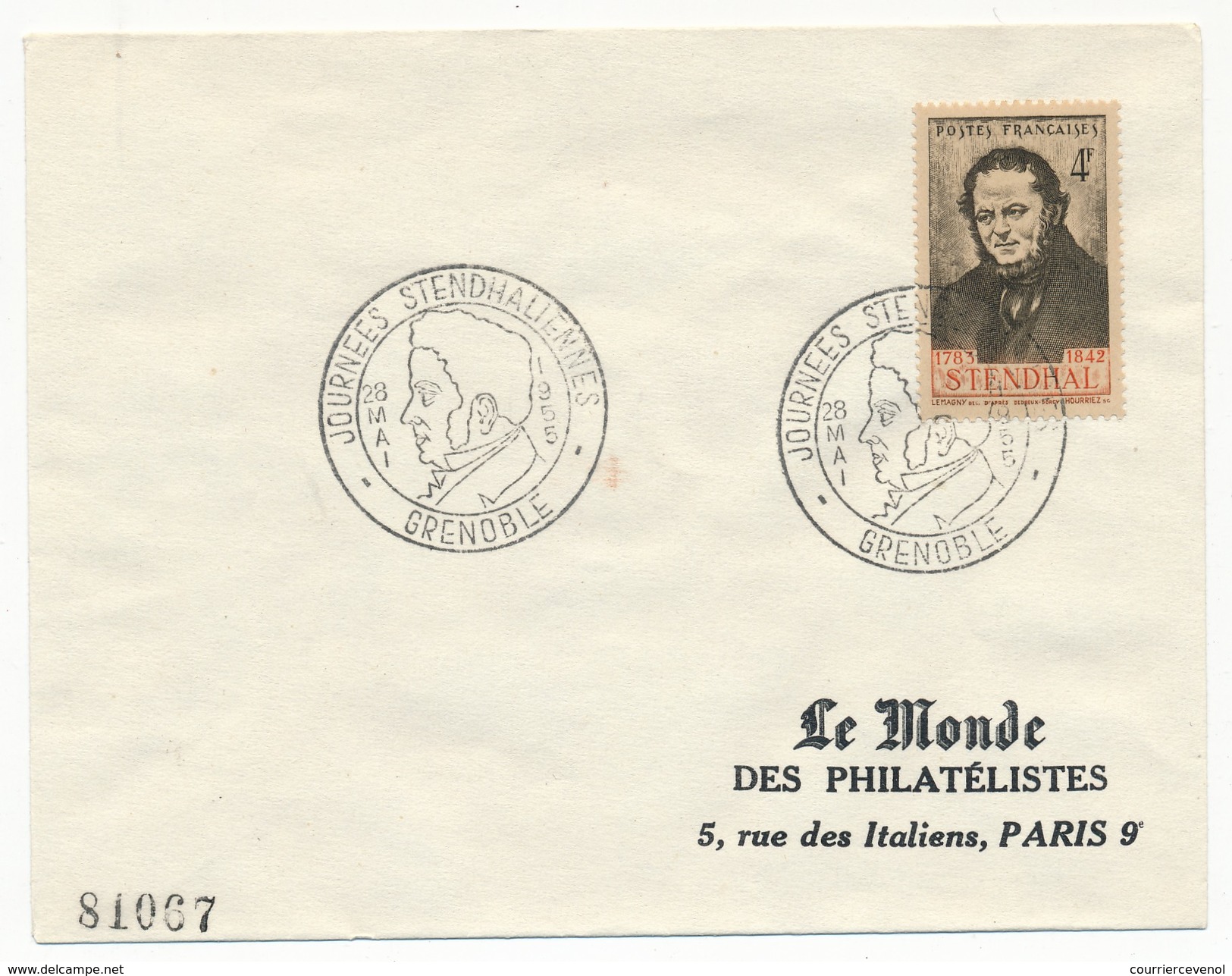 FRANCE - Enveloppe - Cachet Temporaire "Journées Stendhaliennes" GRENOBLE 28 Mai 1955 - Ecrivains