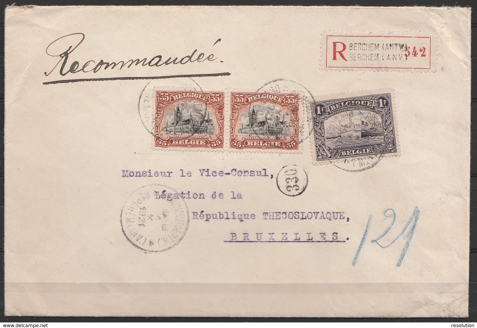 L. Recommandée Affr. N°142x2+145 Càd BERCHEM (ANTW.)/1 X 1921 Pour Diplomate à BRUXELLES - Lettres & Documents