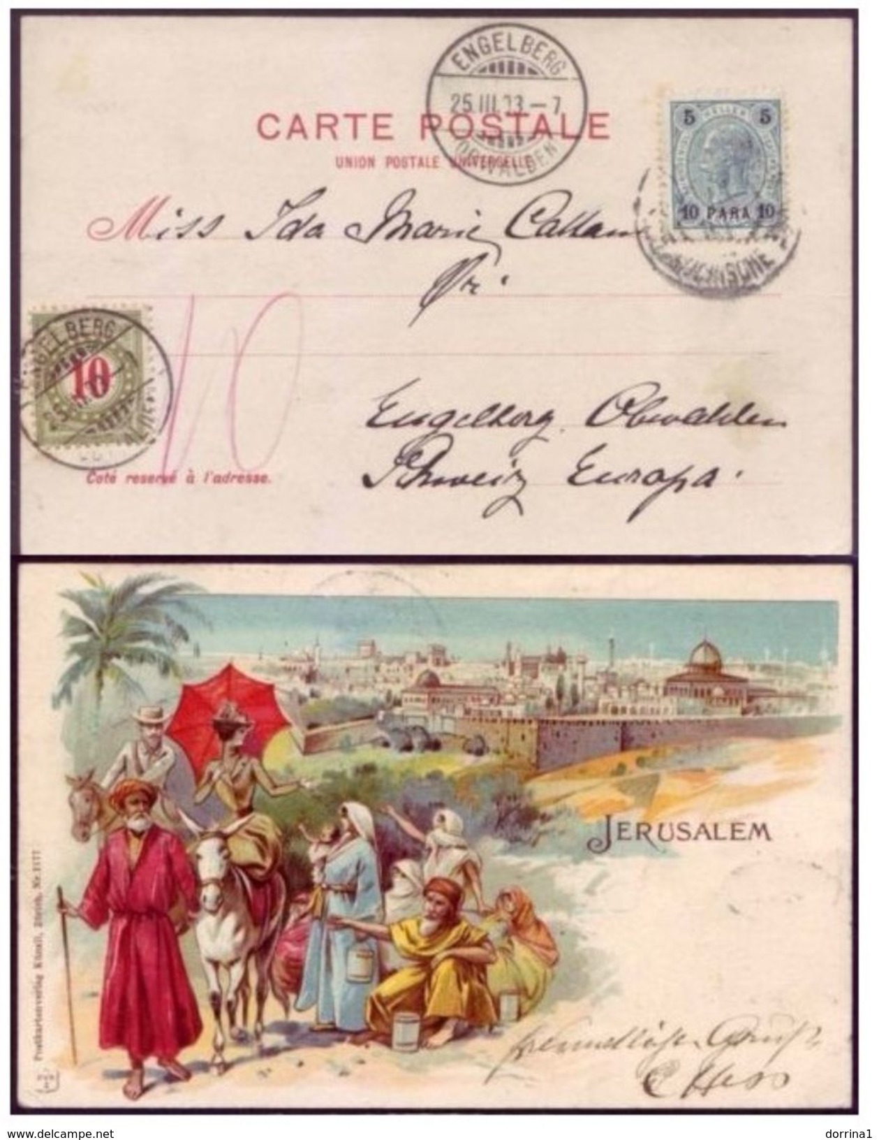 Austria Levant Post Jerusalem 1903 Israel Palestine Illustrated Postcard Taxed In Engelberg Switzerland - Palästina