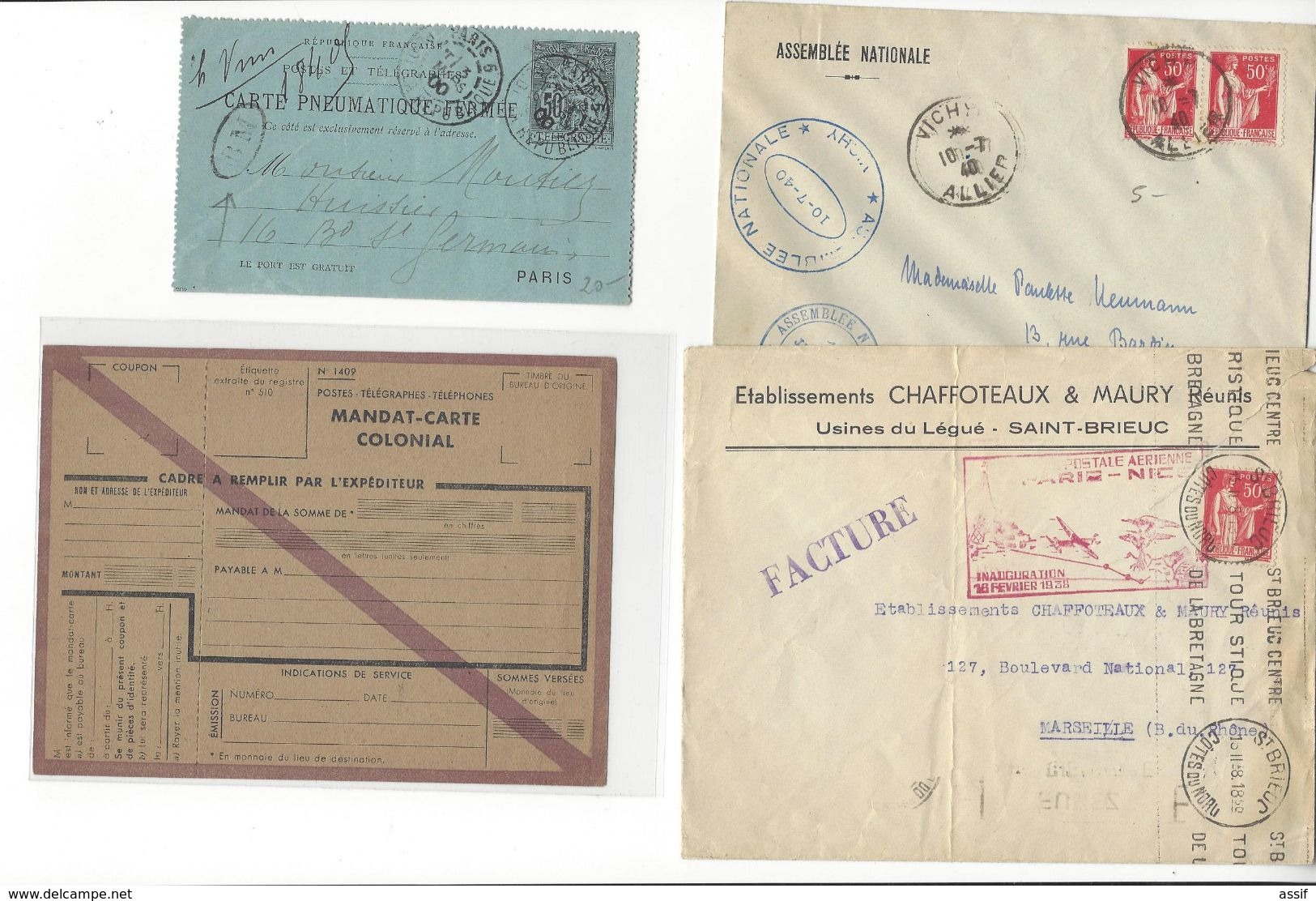 4 DOCUMENTS MANDAT CARTE COLONIAL CARTE PNEUMATIQUE BM BOITE MOBILE ASSEMBLEE NATIONALE VICHY PARIS NICE  /FREE SHIP. R - Autres & Non Classés