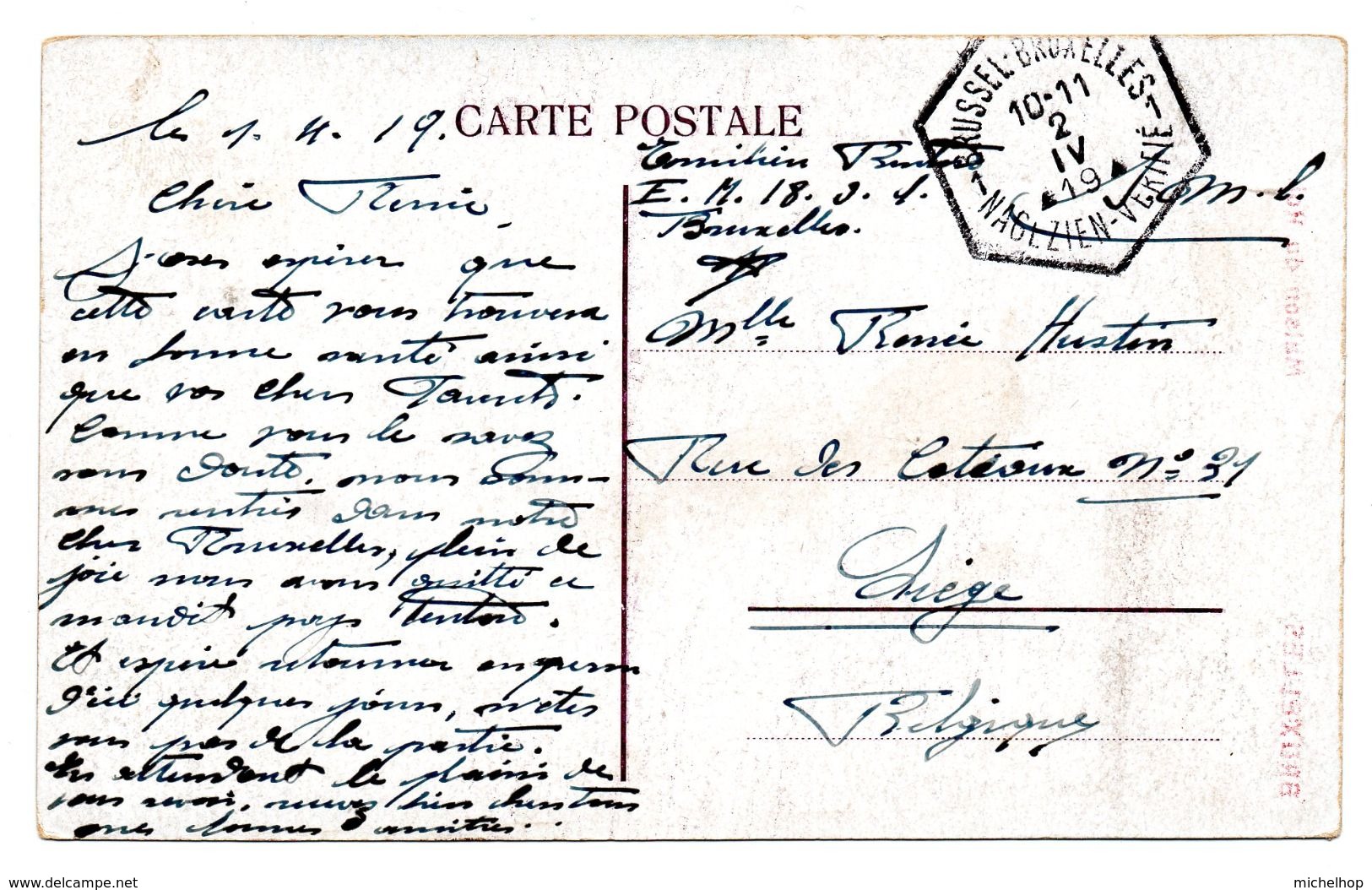 Oblit. Hexagonale BRUSSEL-BRUXELLES / NAGEZIEN-VERIFIE Sur CV En Franchise Vers Liège - Fortune (1919)