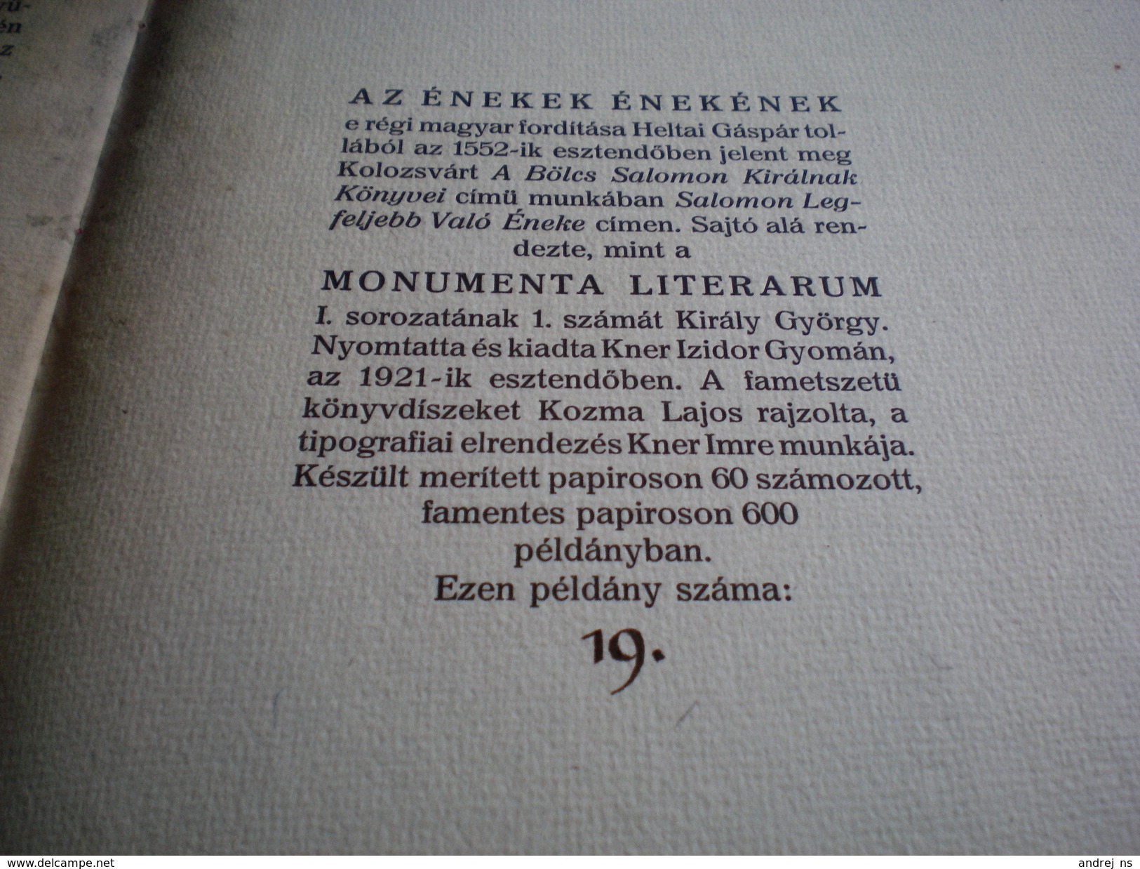 Judaica Kner Izidor Gyoma 1921 Canticum Canticorum Bolcs Salamon kiraly enekek eneke Heltai Gaspar