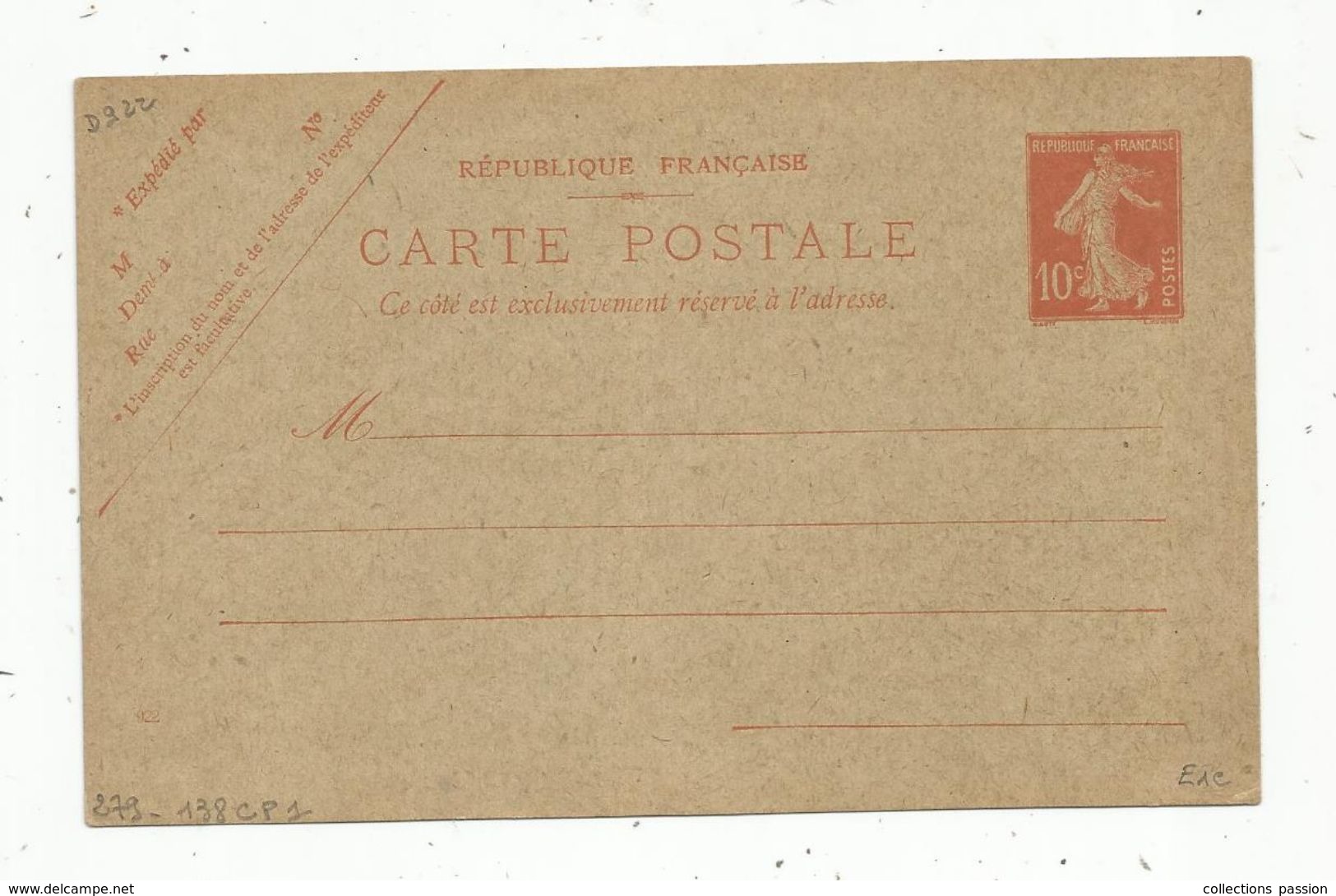 Entier Postal , NEUF , 10c - Cartes Postales Types Et TSC (avant 1995)
