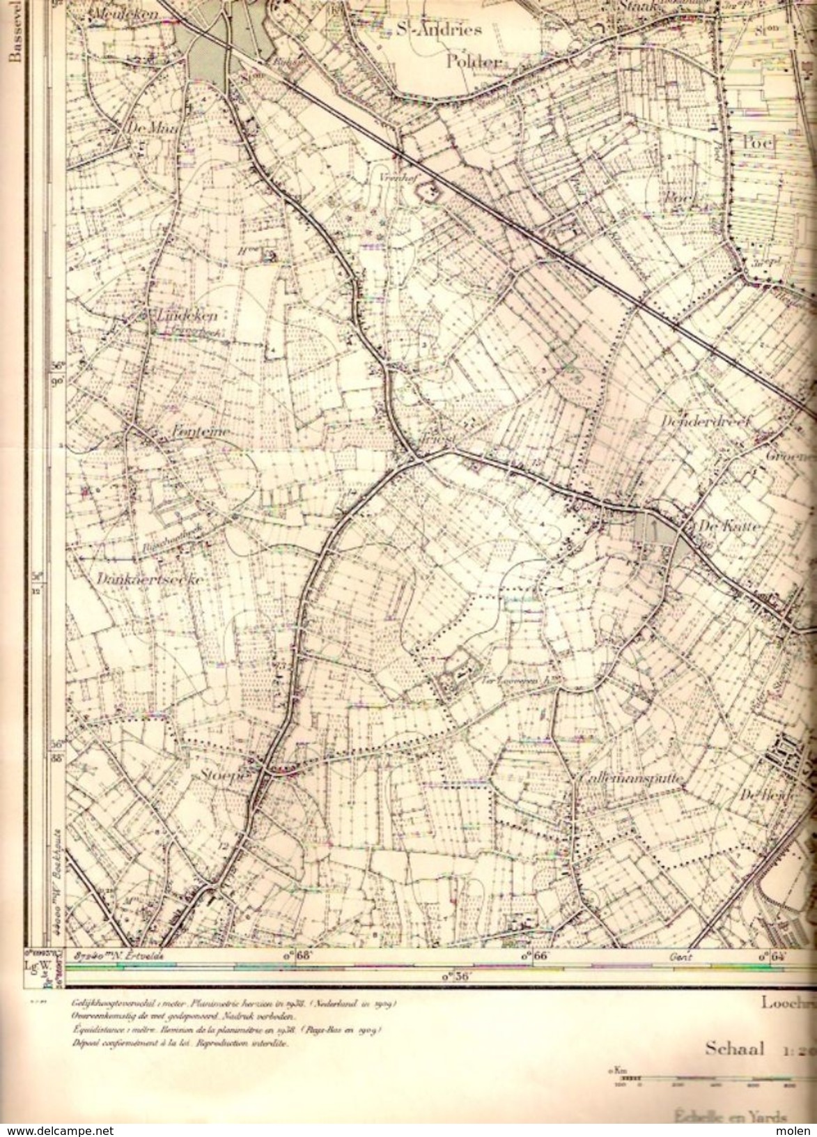 STAFKAART 14/2 Situatie1909NL 1938BE ZELZATE ASSENEDE SAS-VAN-GENT WESTDORPE FONTAINE TRIEST DE-KATTE STAAK STOEPE S361 - Zelzate