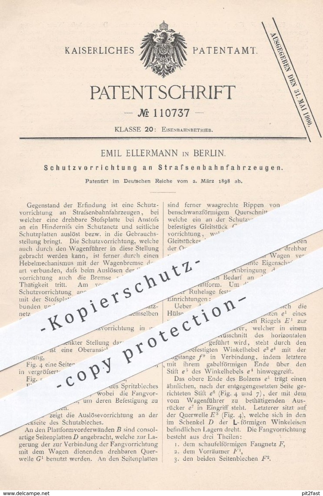 Original Patent - Emil Ellermann , Berlin , 1898 , Schutz An Straßenbahnen | Eisenbahn , Eisenbahnen , Bahn !!! - Documentos Históricos