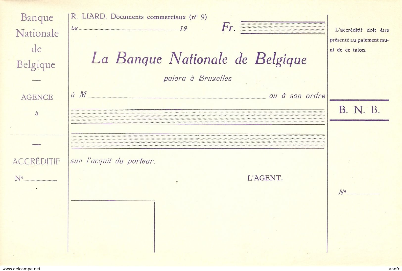 Banque Nationale De Belgique, B.N.B., 1930/40? - Accréditif, Document Commercial R. Liard - Banque & Assurance