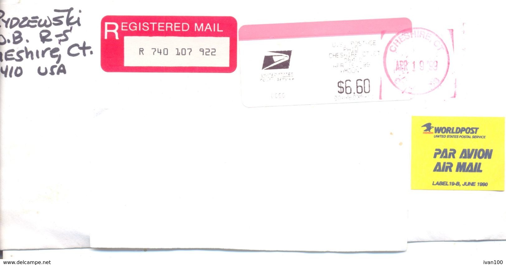 1999. USA, The Letter Sent By Registered Air-mail Post To Moldova - Briefe U. Dokumente