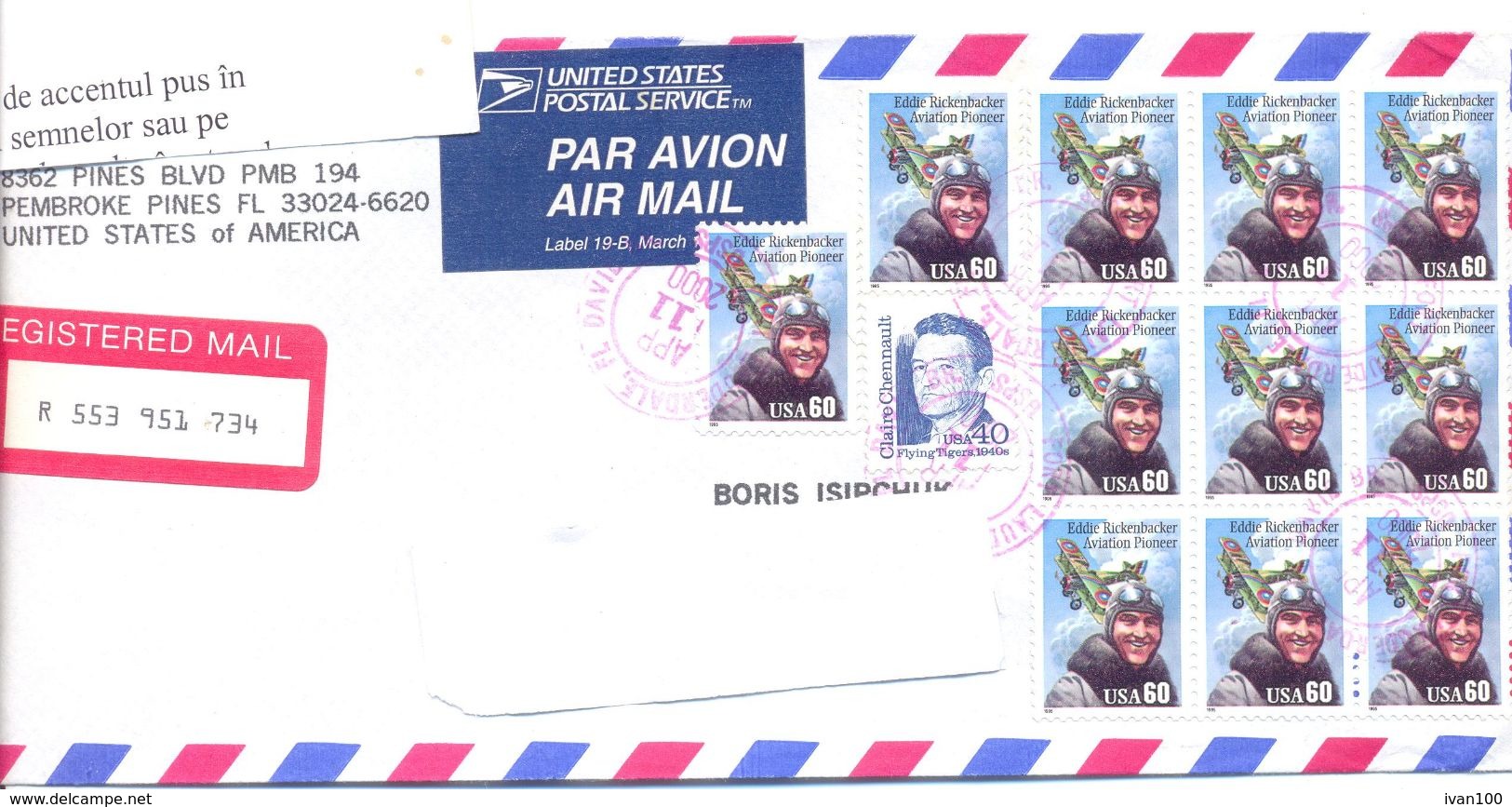 2000. USA, The Letter Sent By Registered Air-mail Post To Moldova - Cartas & Documentos