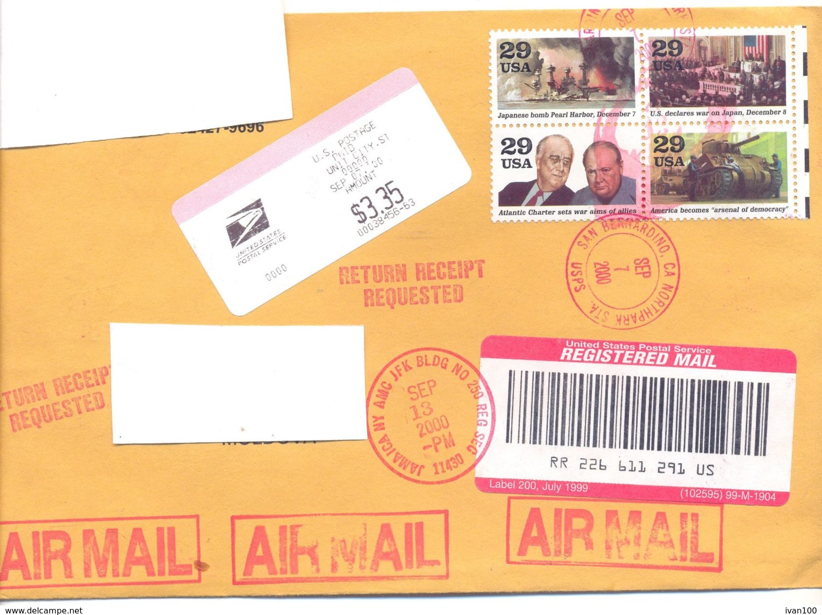 2000. USA, The Letter Sent By Registered Air-mail Post To Moldova - Storia Postale