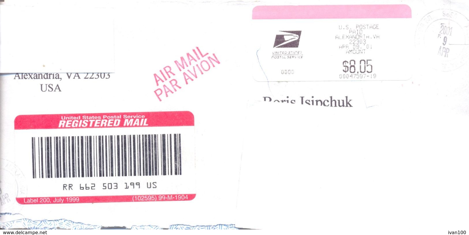 2001. USA, The Letter Sent By Registered Air-mail Post To Moldova - Cartas & Documentos