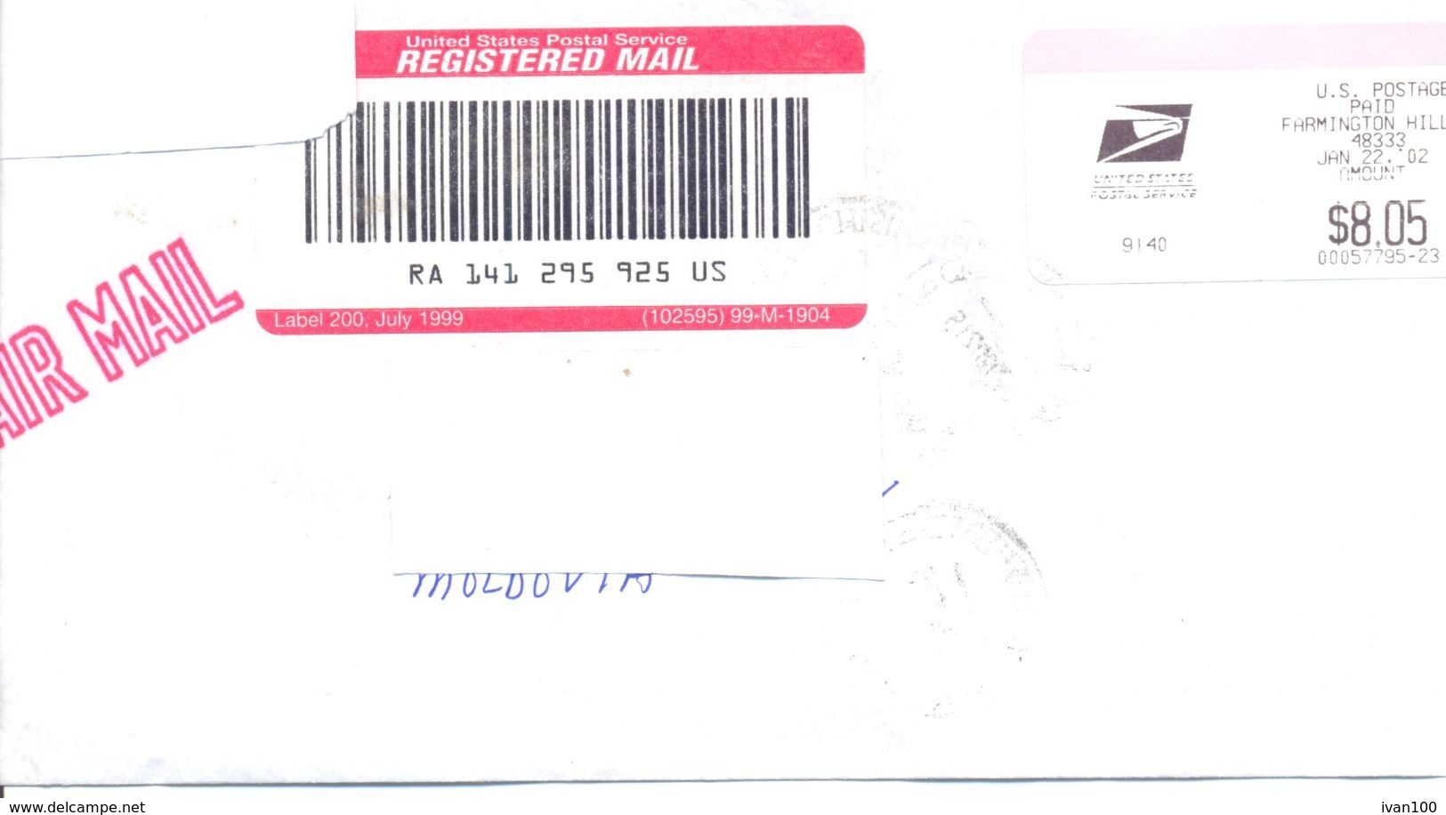 2002. USA, The Letter Sent By Registered Air-mail Post To Moldova - Brieven En Documenten