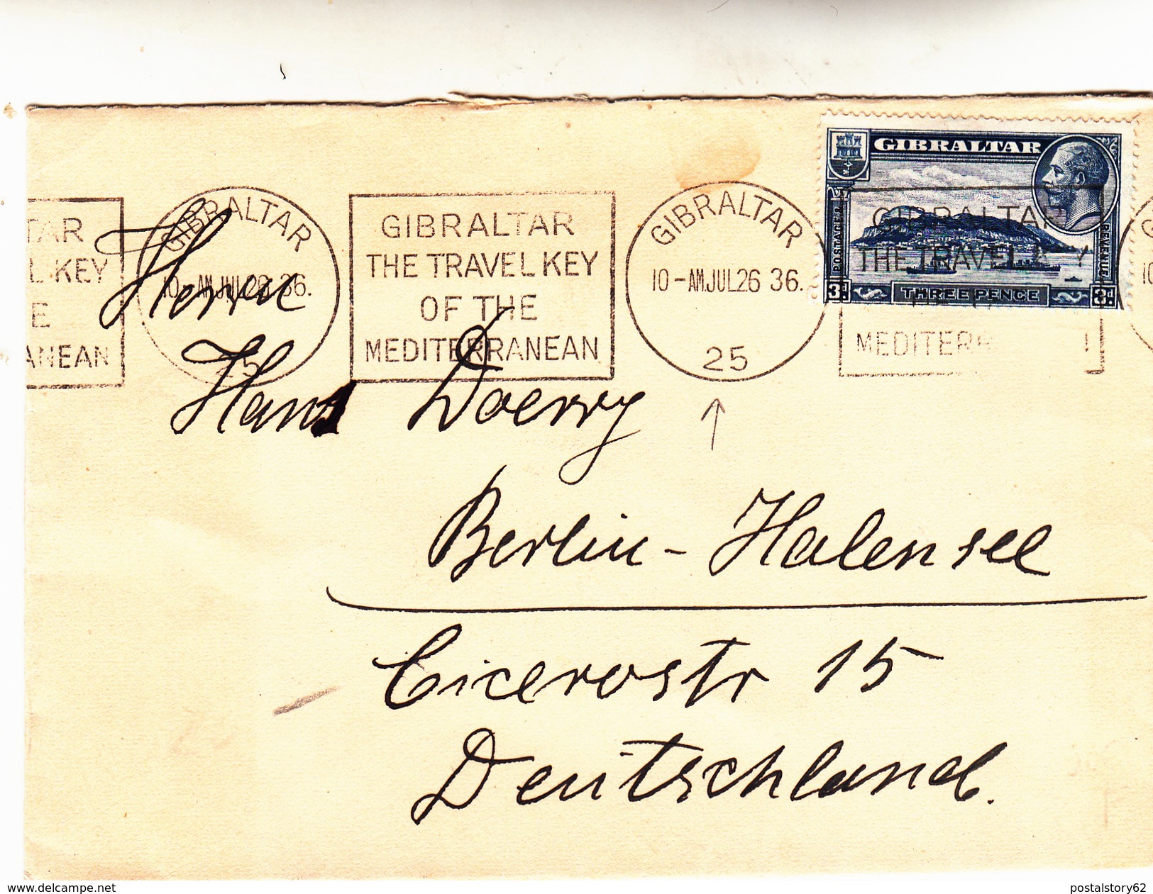 Gibraltar To Germany, Cover 1936 - Storia Postale