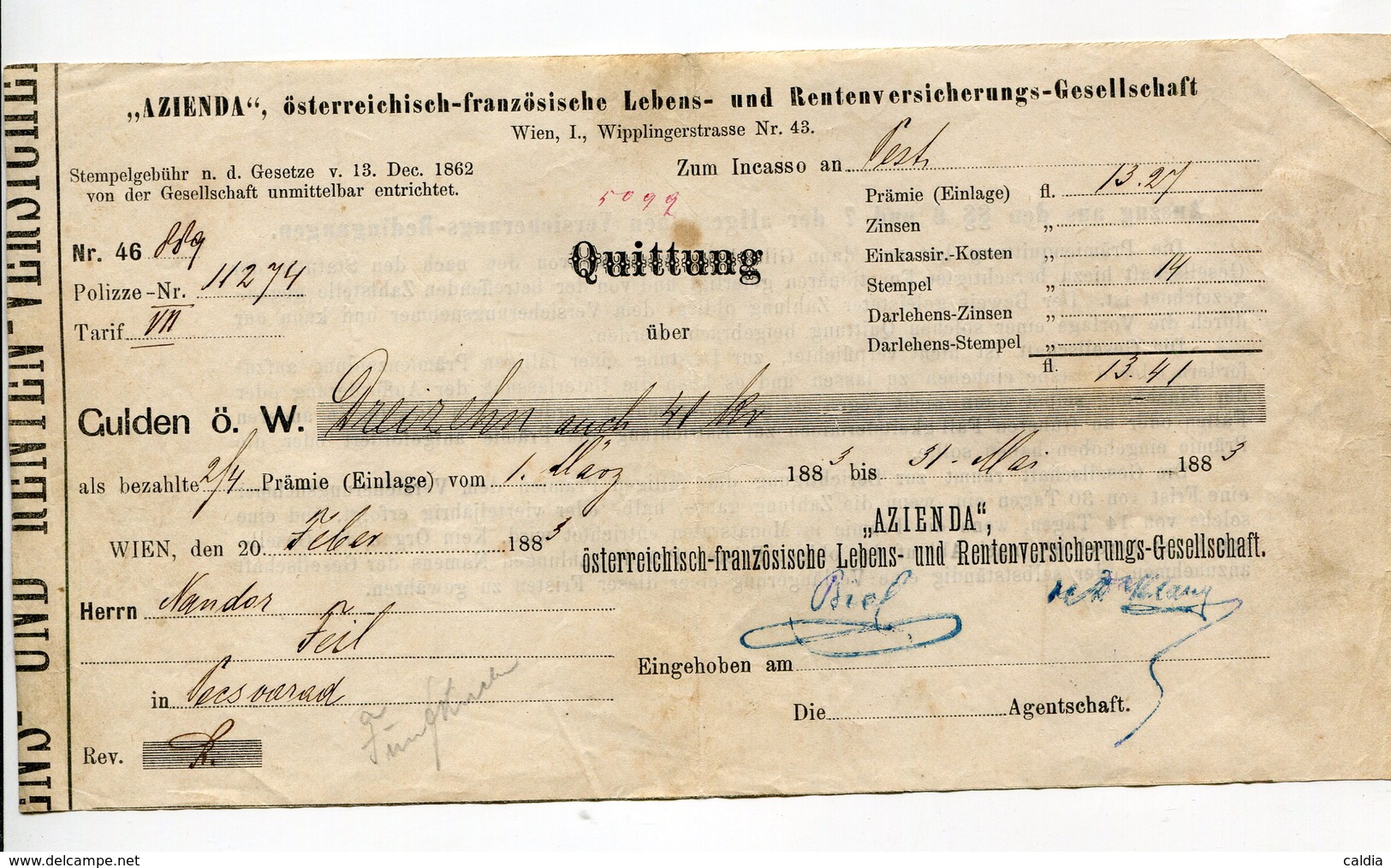 Autriche Austria Österreich Ticket QUITTUNG " AZIENDA " Austria - France Society 1883 - Österreich