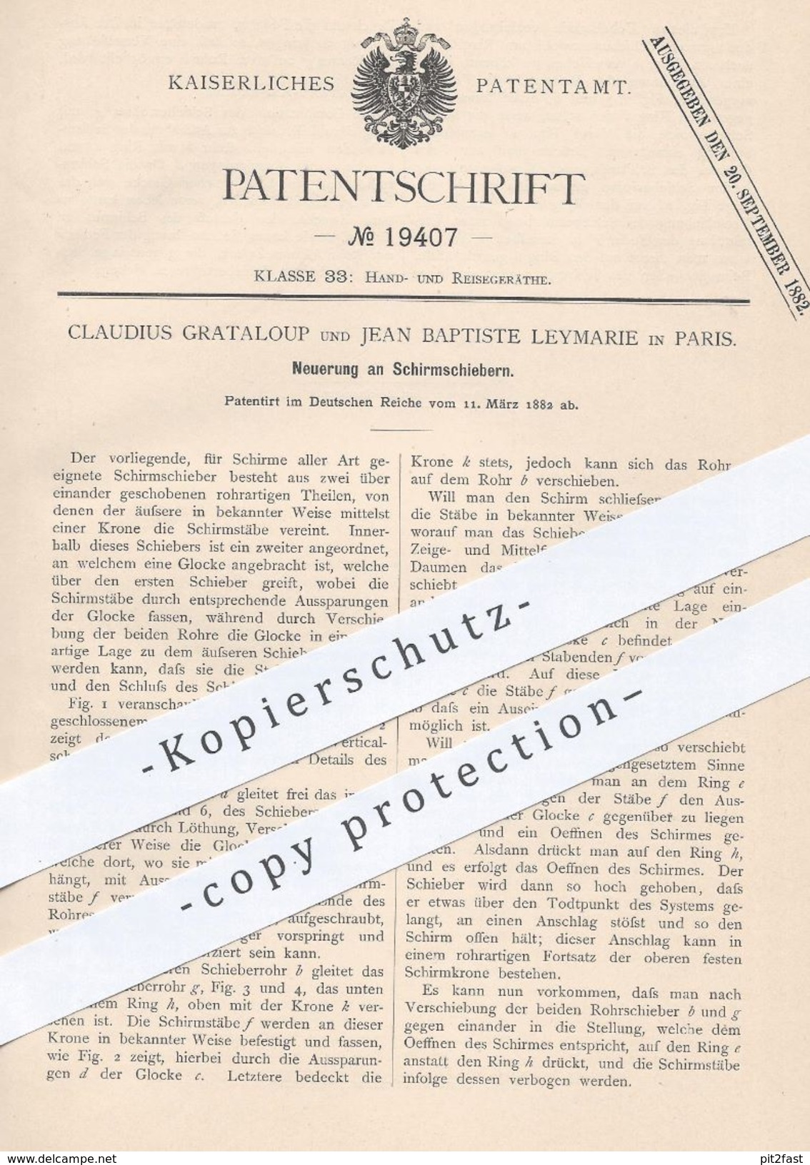 Original Patent - Claudius Grataloup Und Jean Baptiste Leymarie , Paris , Frankreich , 1882 , Schirmschieber | Schirm - Historische Dokumente