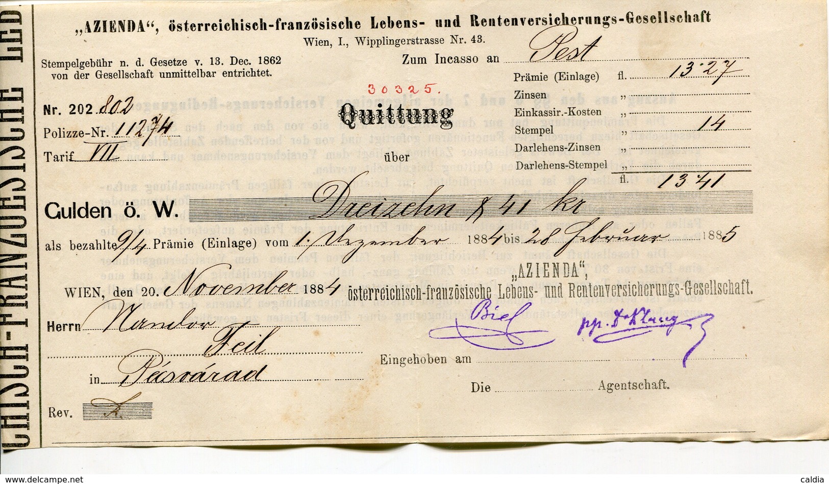 Autriche Austria Österreich Ticket QUITTUNG " AZIENDA " Austria - France Society 1885 # 2 - Oostenrijk