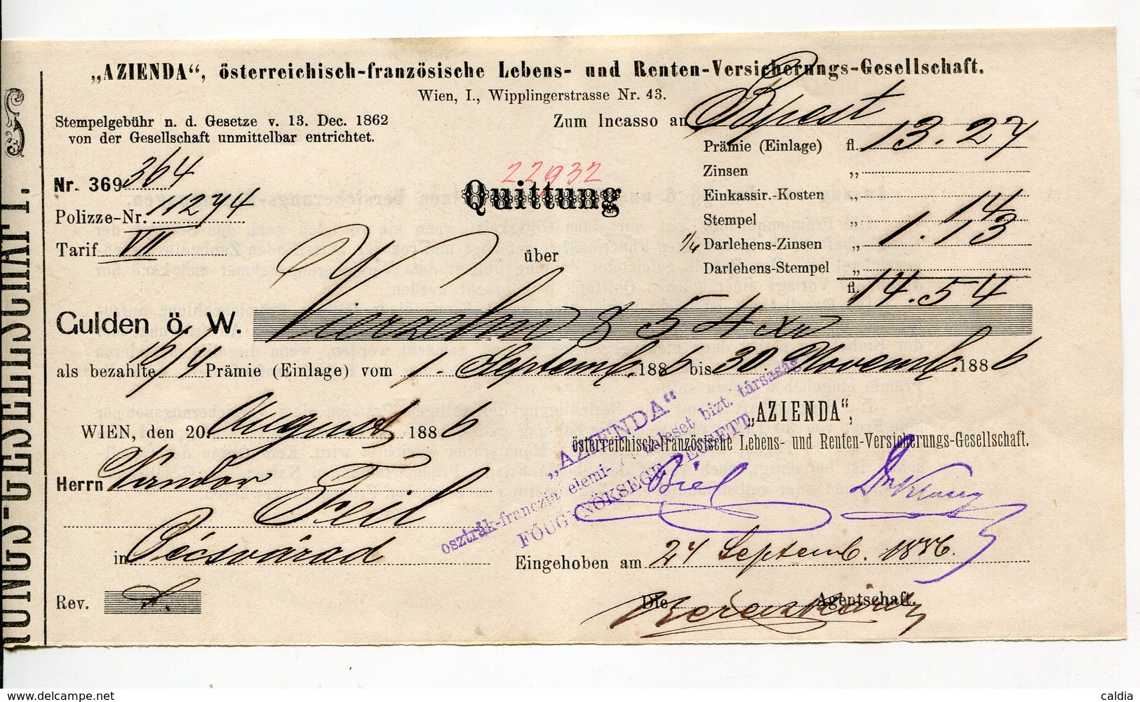 Autriche Austria Österreich Ticket QUITTUNG " AZIENDA " Austria - France Society 1886 # 2 - Oostenrijk